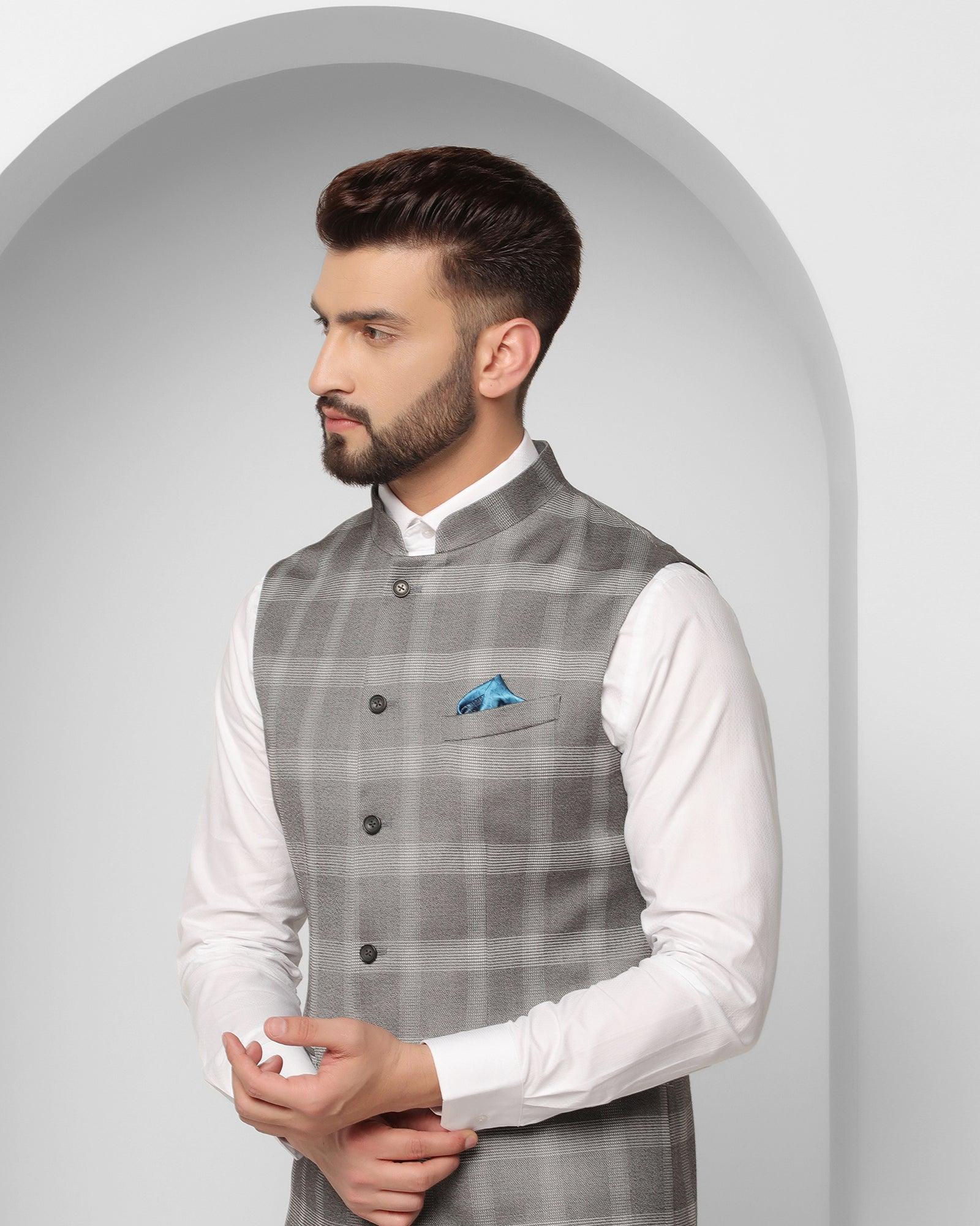Bandhgala Formal Grey Check Waistcoat - Alfredo - Image 4