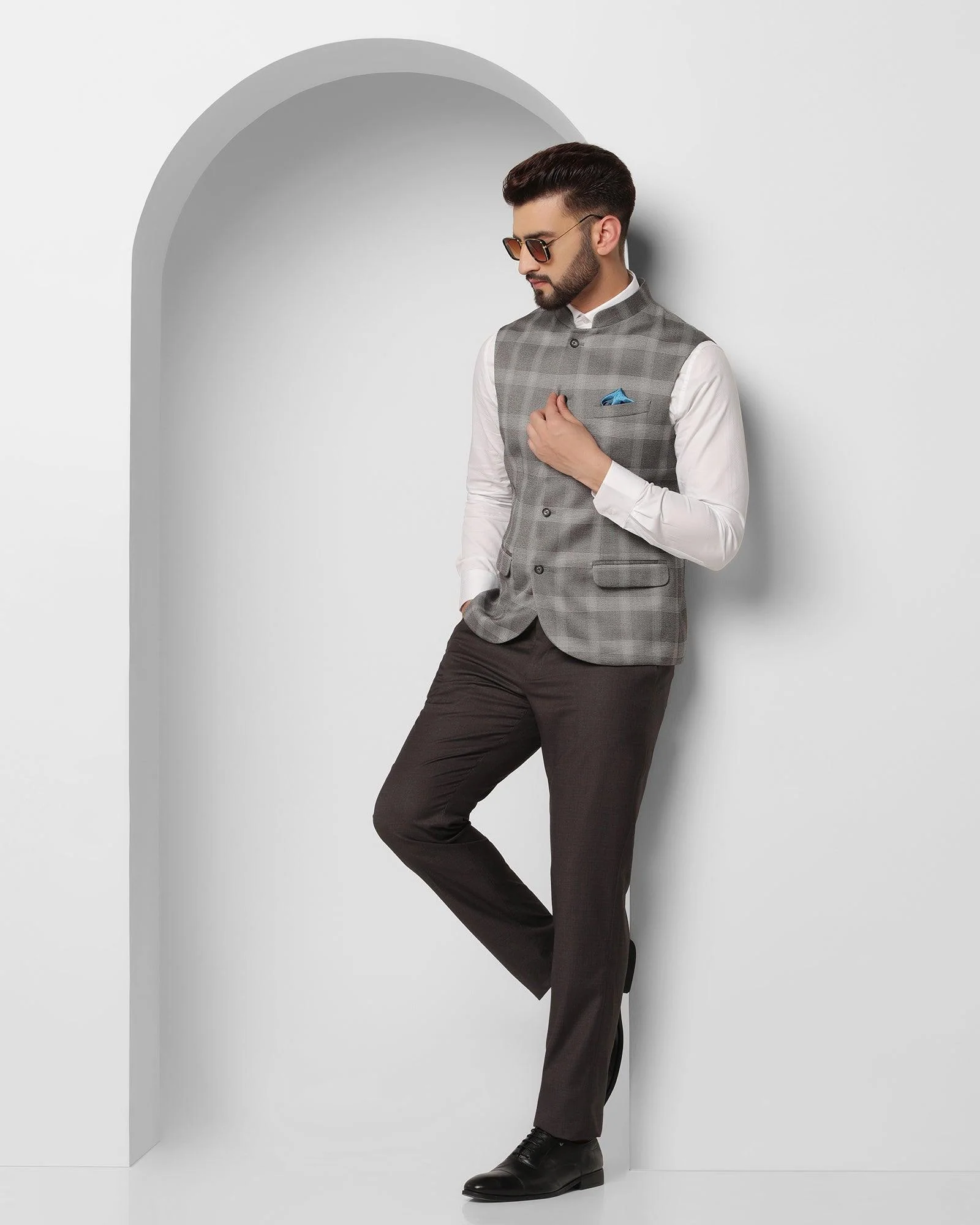 Bandhgala Formal Grey Check Waistcoat - Alfredo - Image 5
