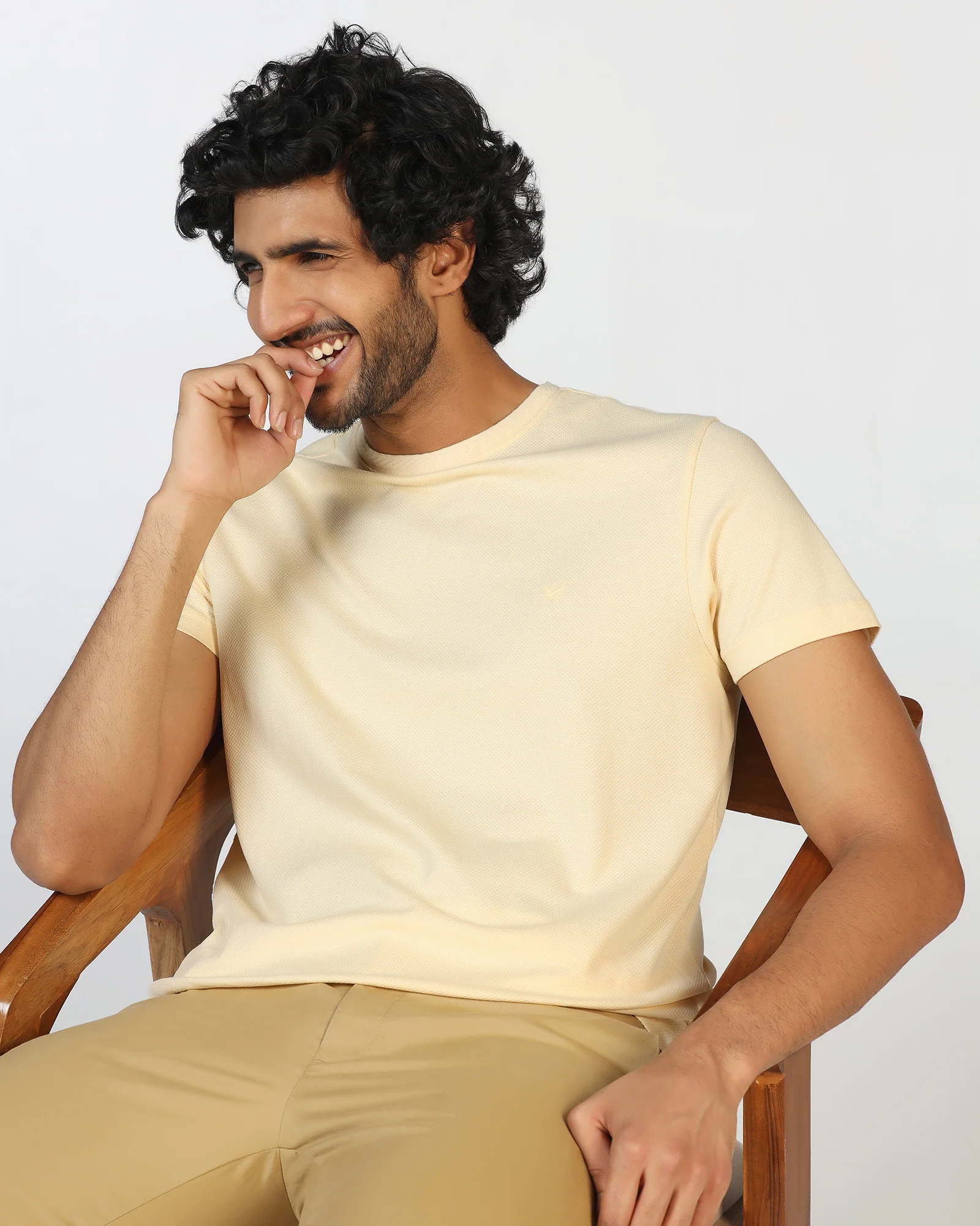 Cream Crew Neck Textured T-Shirt - Hexa