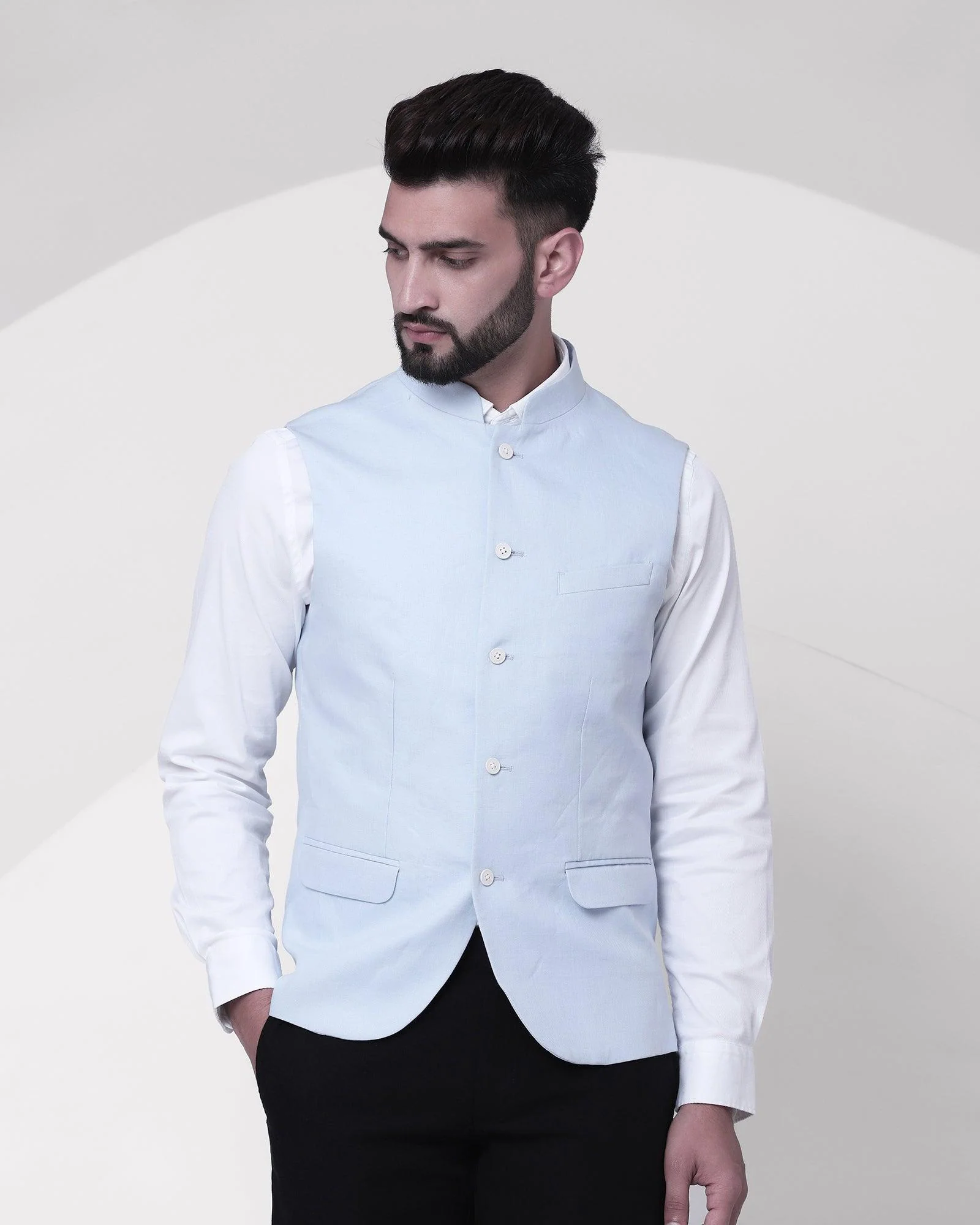 Linen Bandhgala Casual Sky Blue Solid Waistcoat - Crew