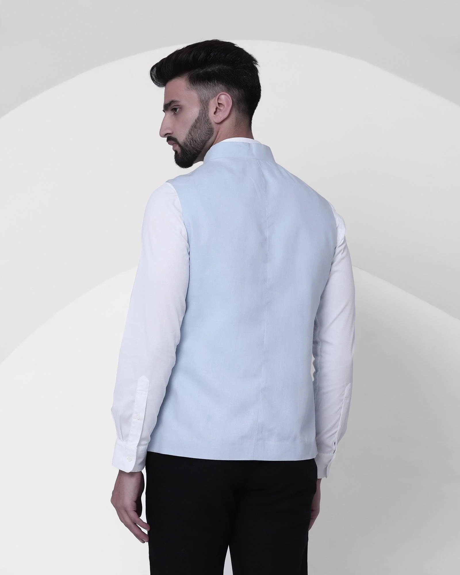 Linen Bandhgala Casual Sky Blue Solid Waistcoat - Crew - Image 2