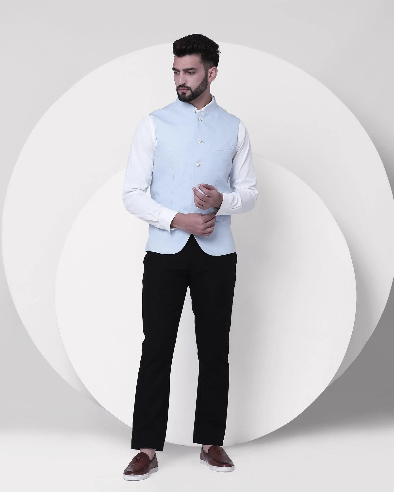 Linen Bandhgala Casual Sky Blue Solid Waistcoat - Crew - Image 3