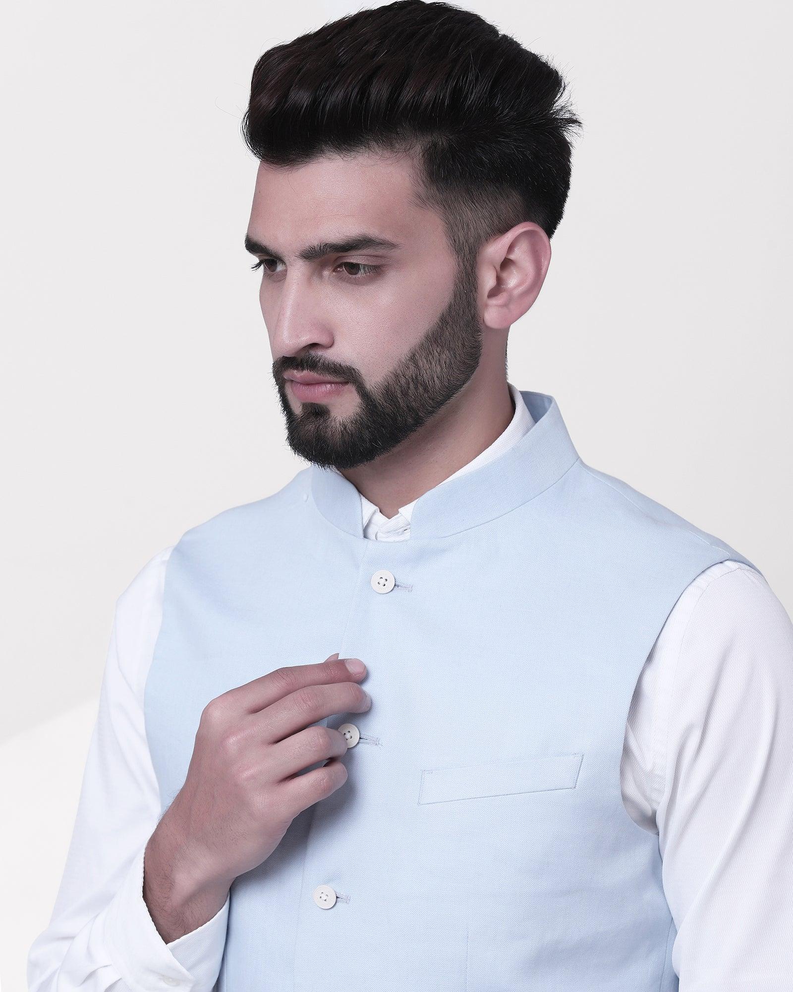 Linen Bandhgala Casual Sky Blue Solid Waistcoat - Crew - Image 4