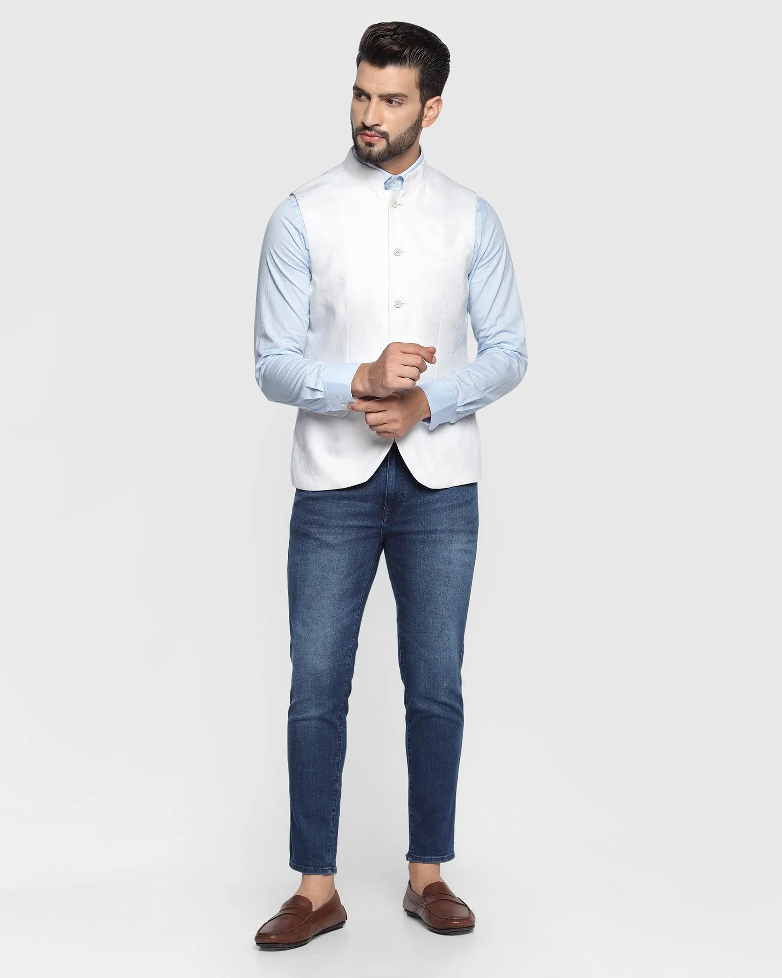 Linen Bandhgala Casual White Solid Waistcoat - Crew - Image 3