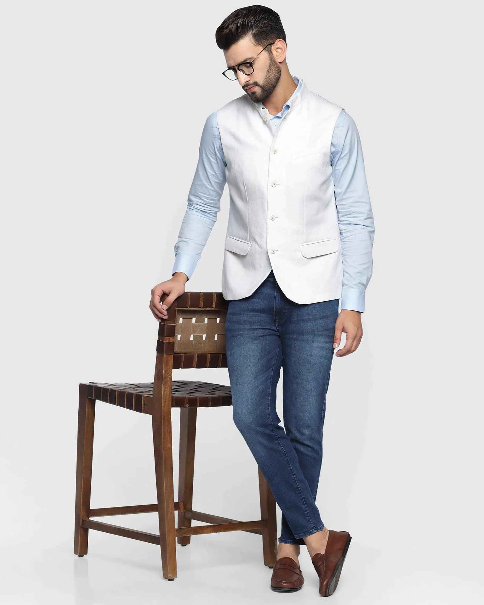 Linen Bandhgala Casual White Solid Waistcoat - Crew - Image 5