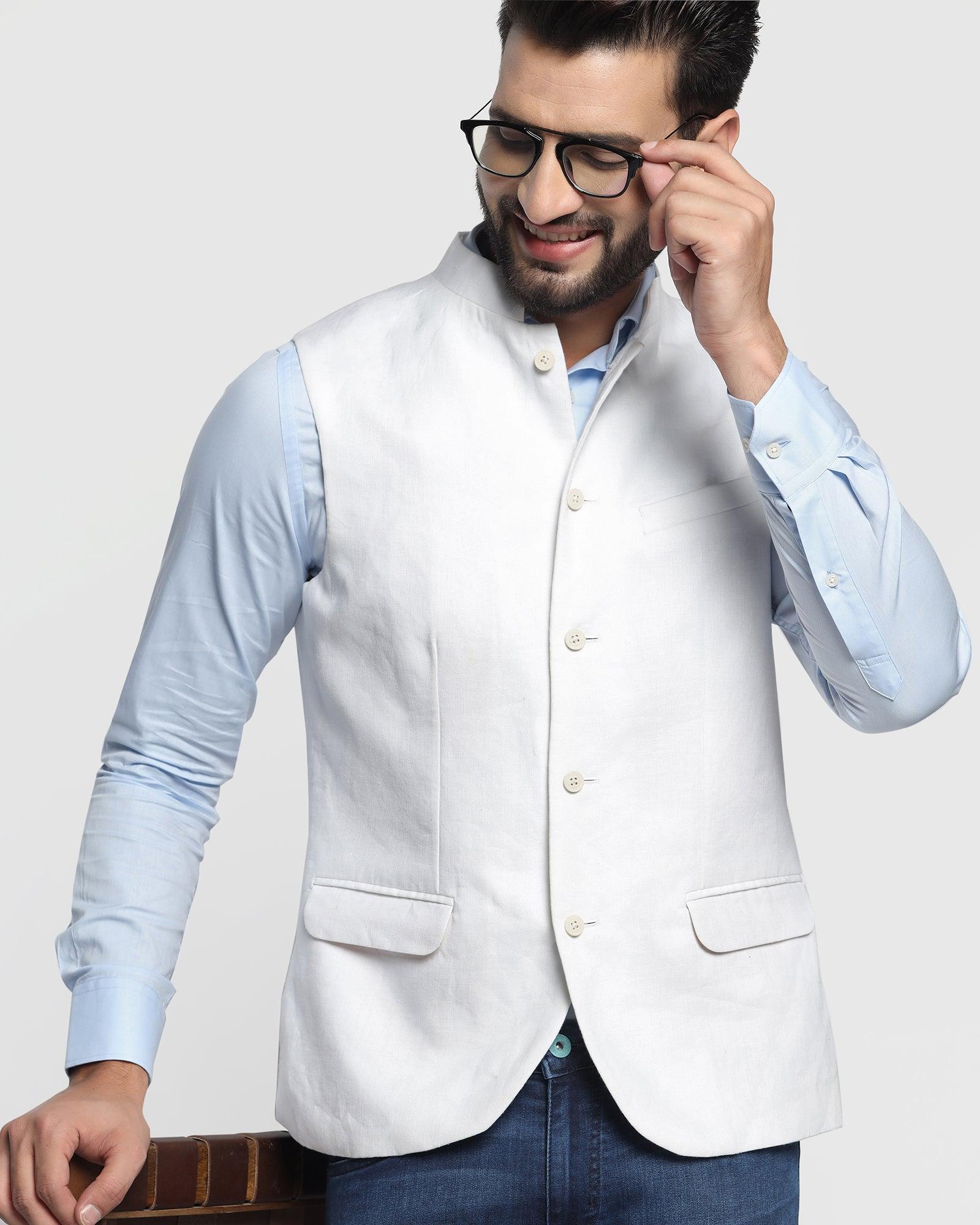 Linen Bandhgala Casual White Solid Waistcoat - Crew - Image 6
