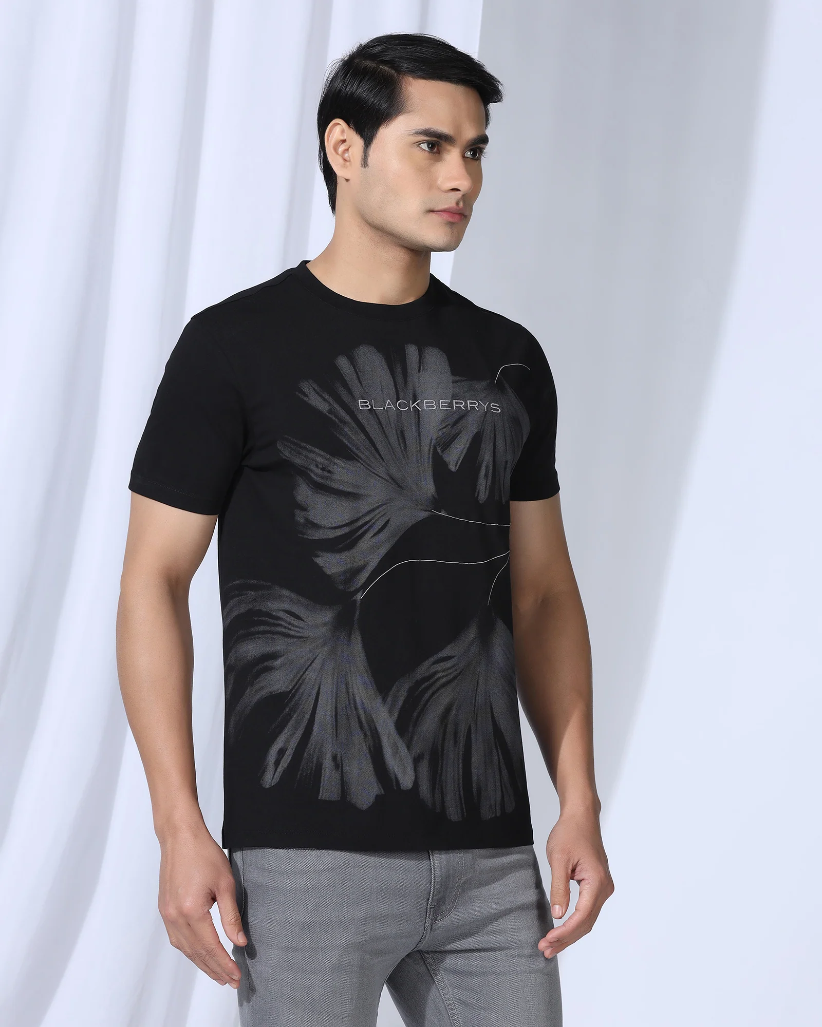 Crew Neck Black Printed T-Shirt - Gingko - Image 2