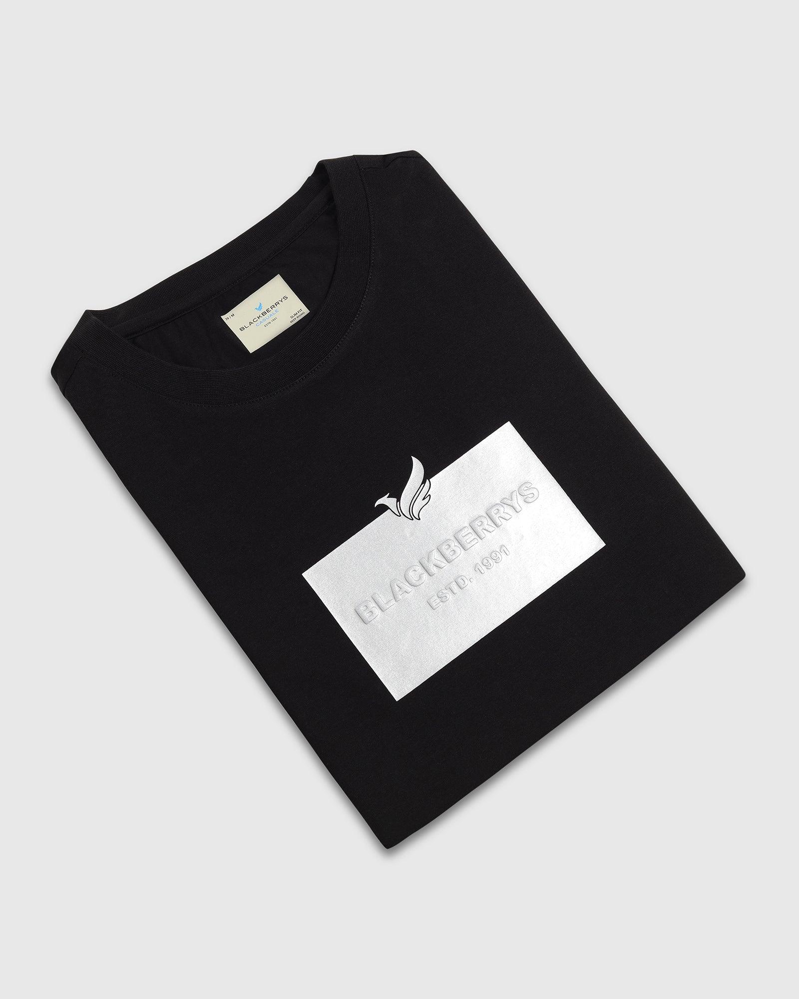 Crew Neck Black Printed T-Shirt - Foil - Image 5