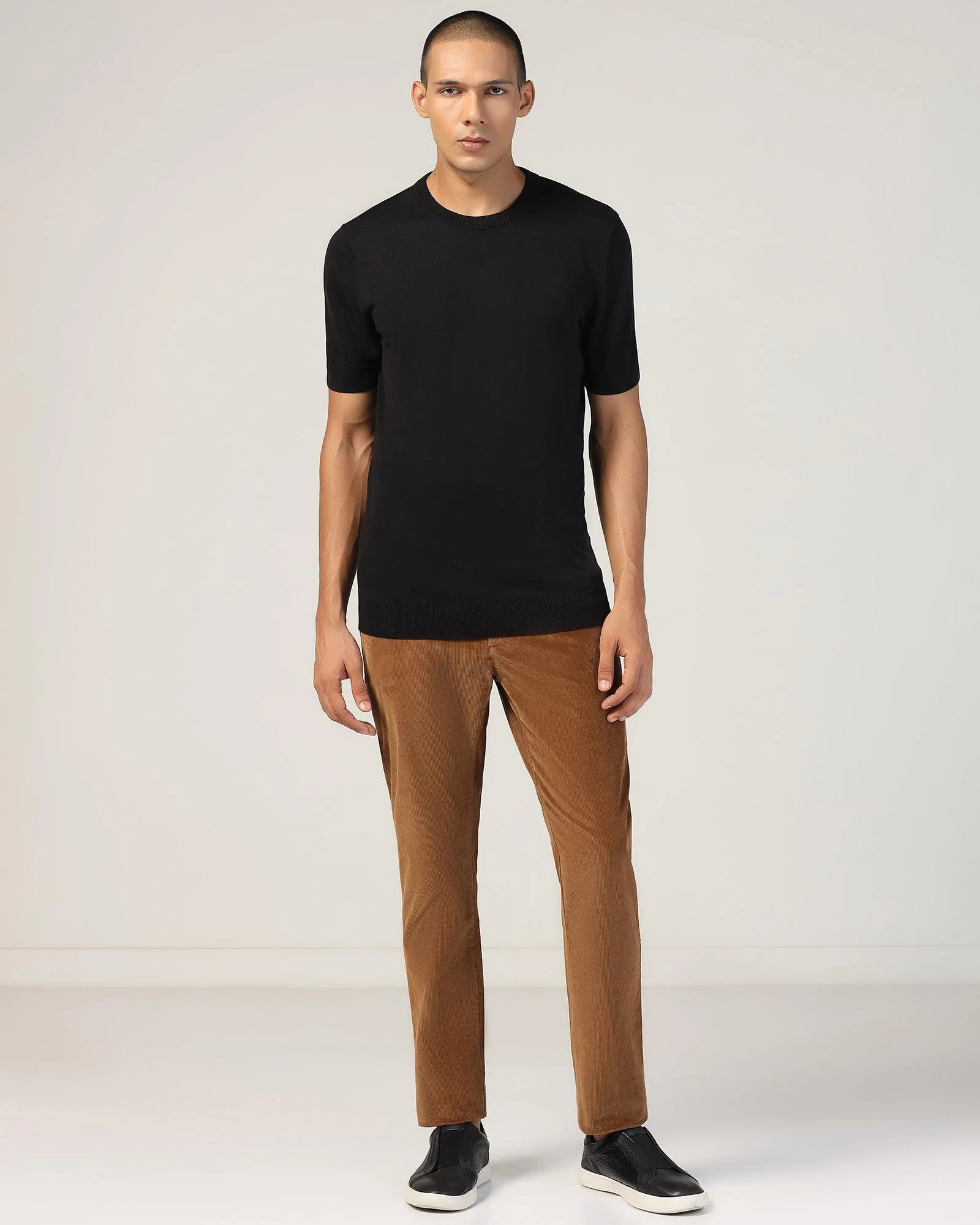 Crew Neck Black Yarn Dyed T-Shirt - Miya - Image 3