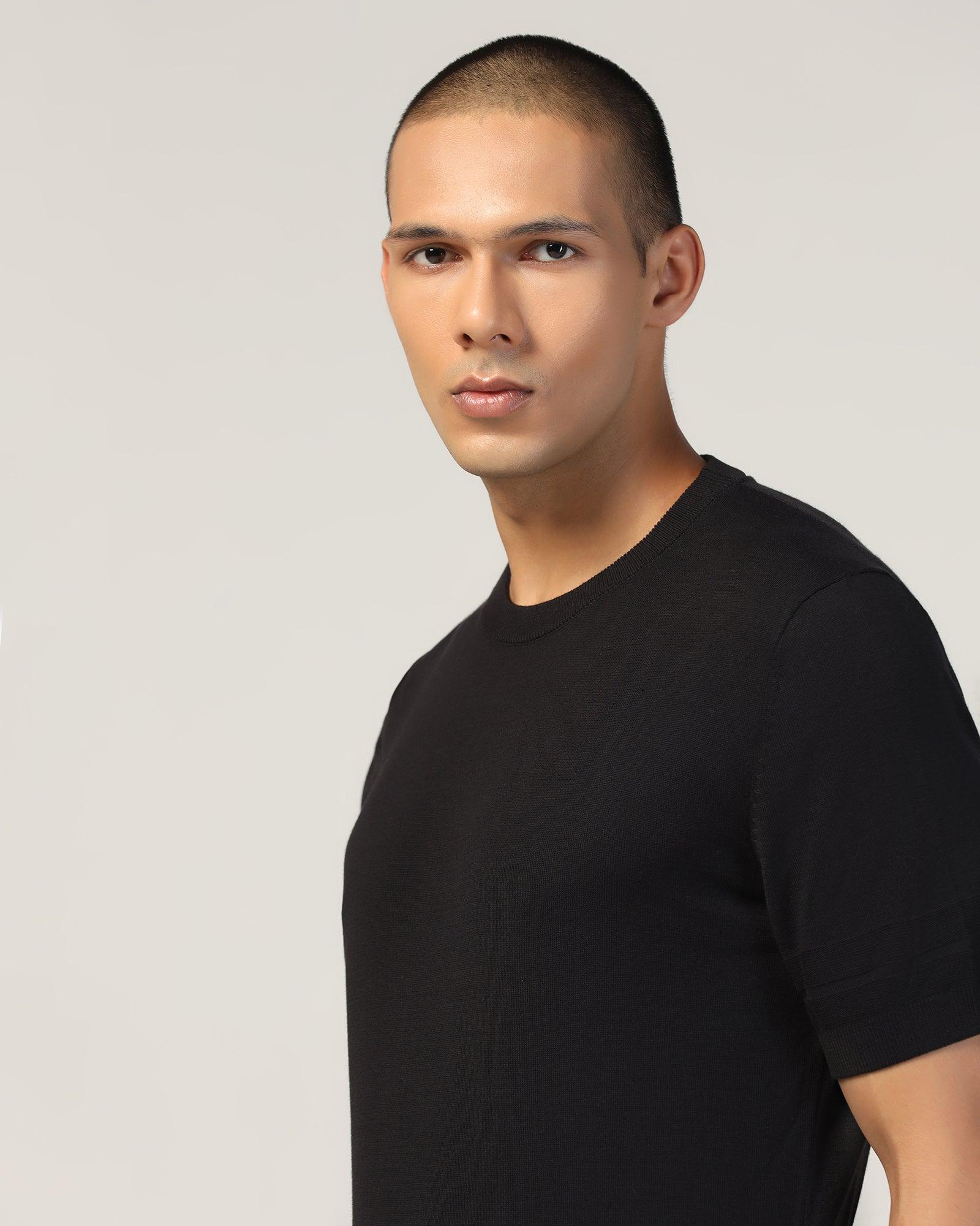 Crew Neck Black Yarn Dyed T-Shirt - Miya - Image 4