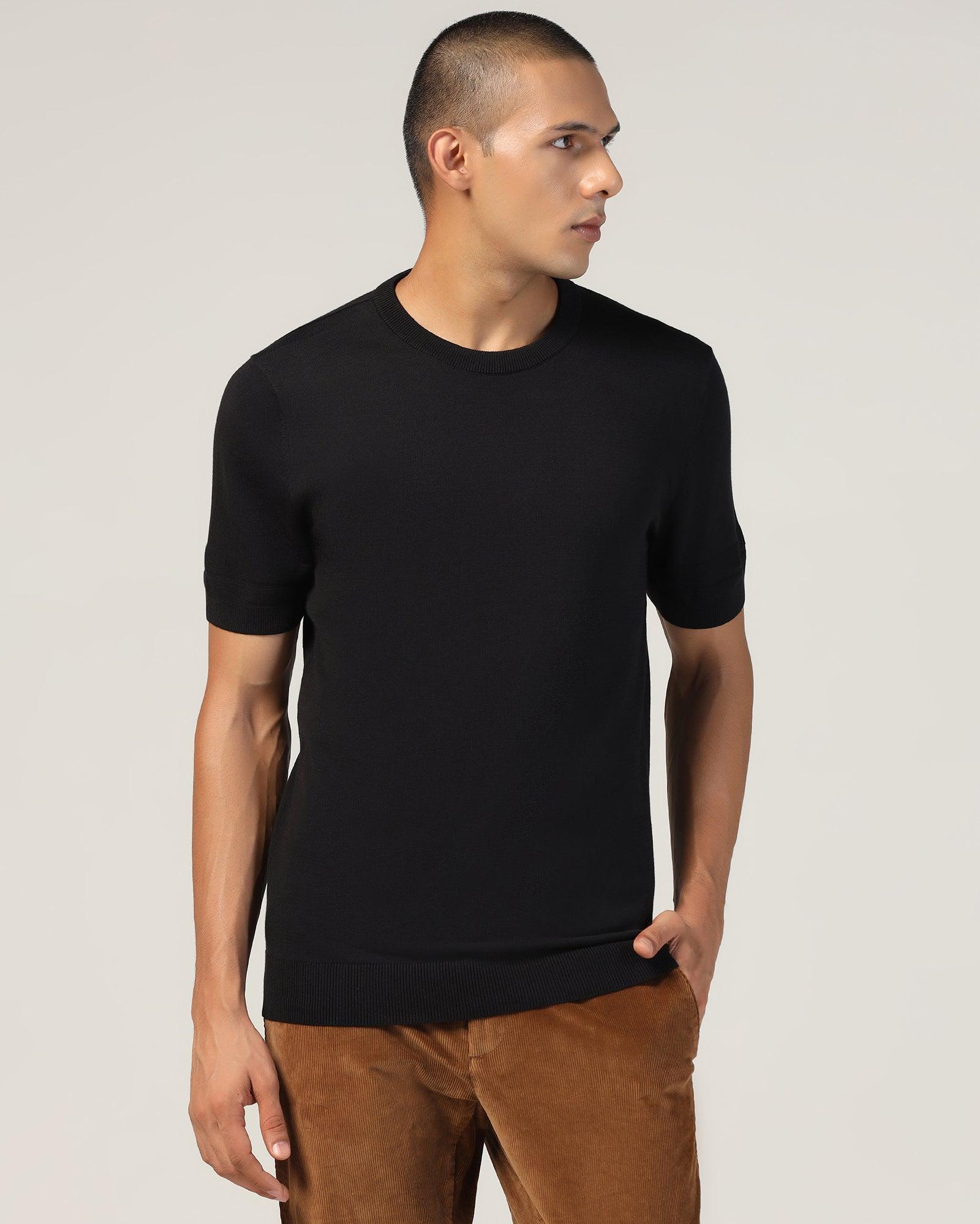Crew Neck Black Yarn Dyed T-Shirt - Miya - Image 9