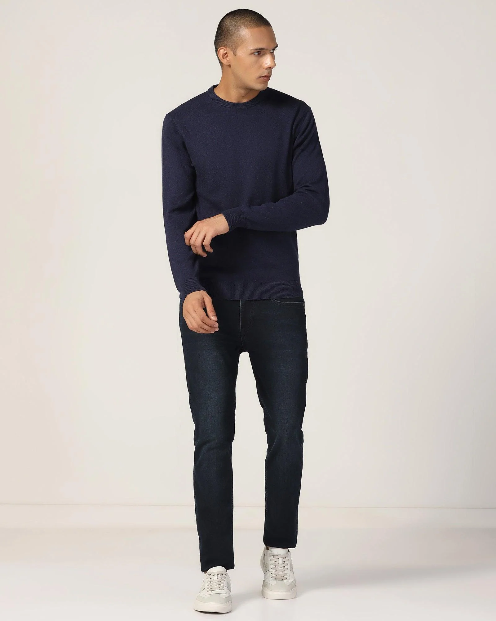 Crew Neck Blue Solid Sweater - Harley - Image 3