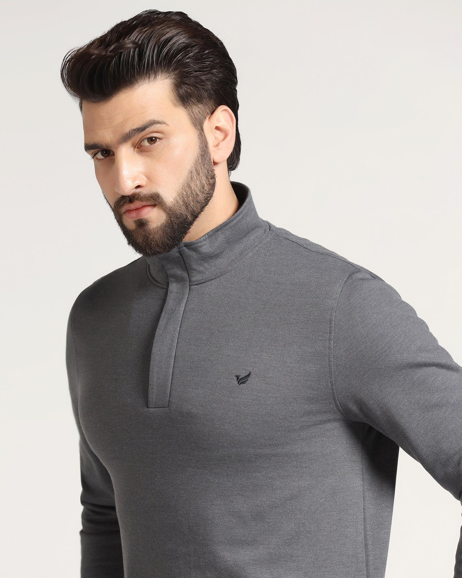 High Neck Grey Melange Solid Sweatshirt - Pipper - Image 4