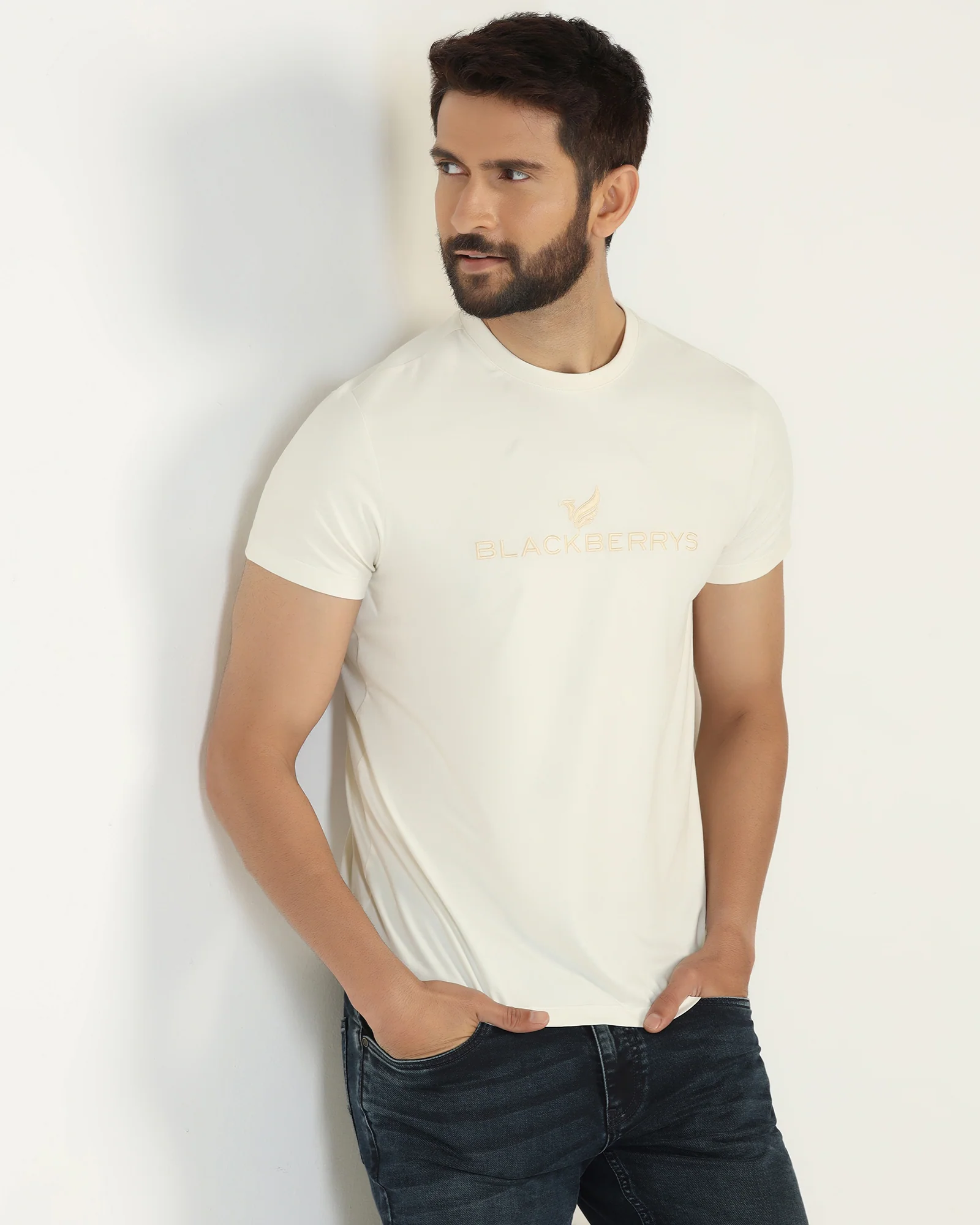 Crew Neck Off White Solid T-Shirt - Phoenix - Image 8