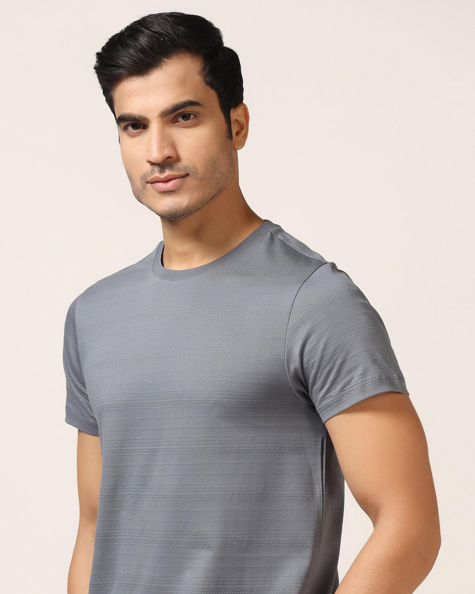 Crew Neck Powder Blue Textured T-Shirt - Velt - Image 4