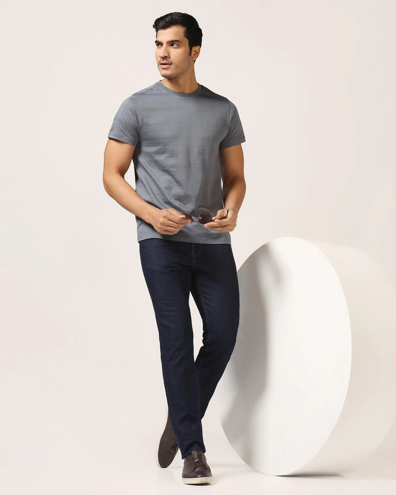 Crew Neck Powder Blue Textured T-Shirt - Velt - Image 6