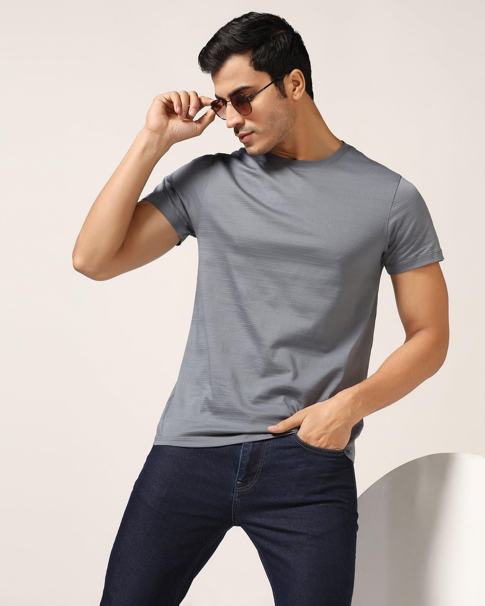 Crew Neck Powder Blue Textured T-Shirt - Velt - Image 7
