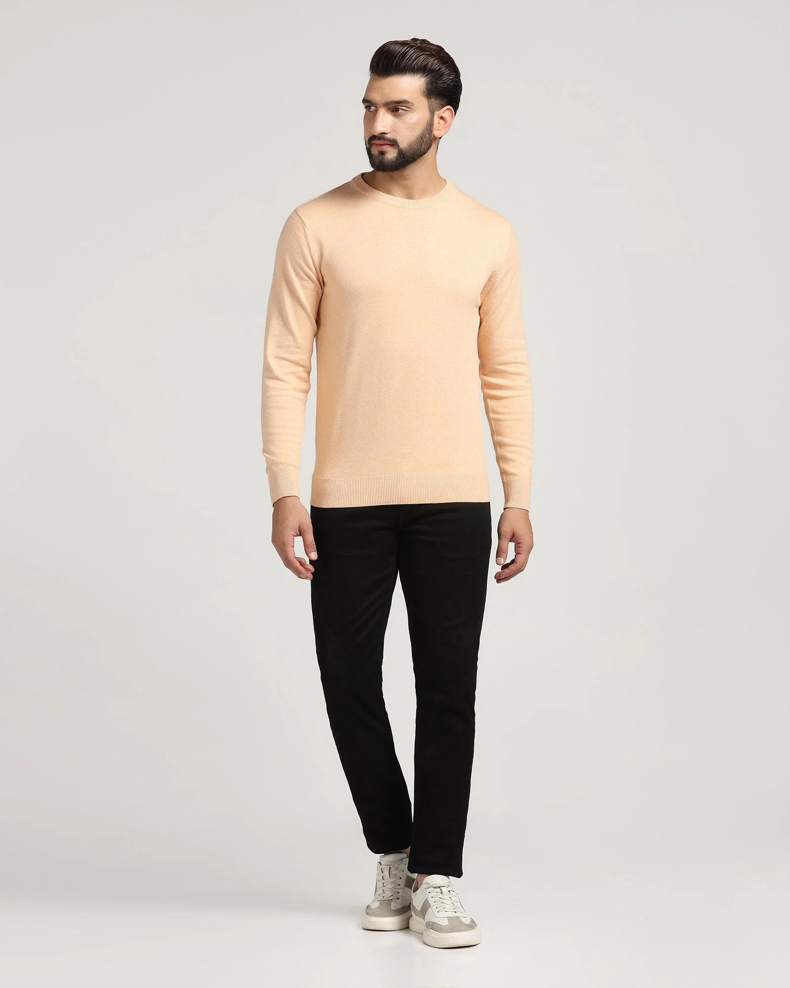 Crew Neck Cream Solid Sweater - Jolly - Image 3