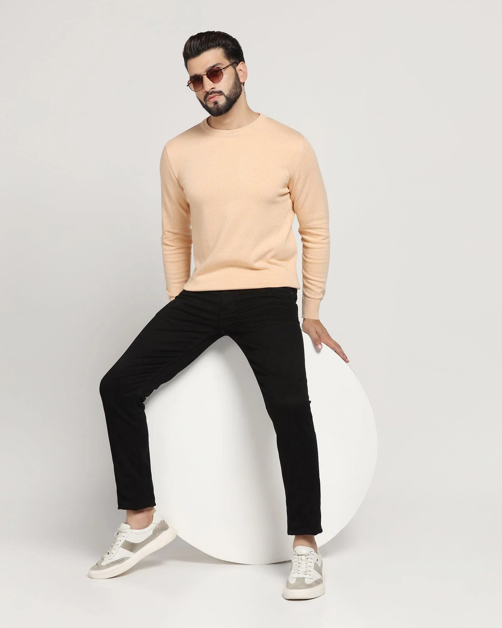 Crew Neck Cream Solid Sweater - Jolly - Image 5