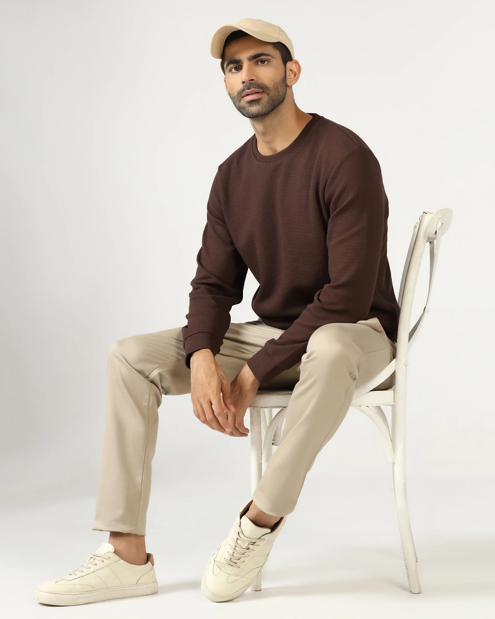 Dark Brown Crew Neck Textured Sweatshirt - Pan - Image 3