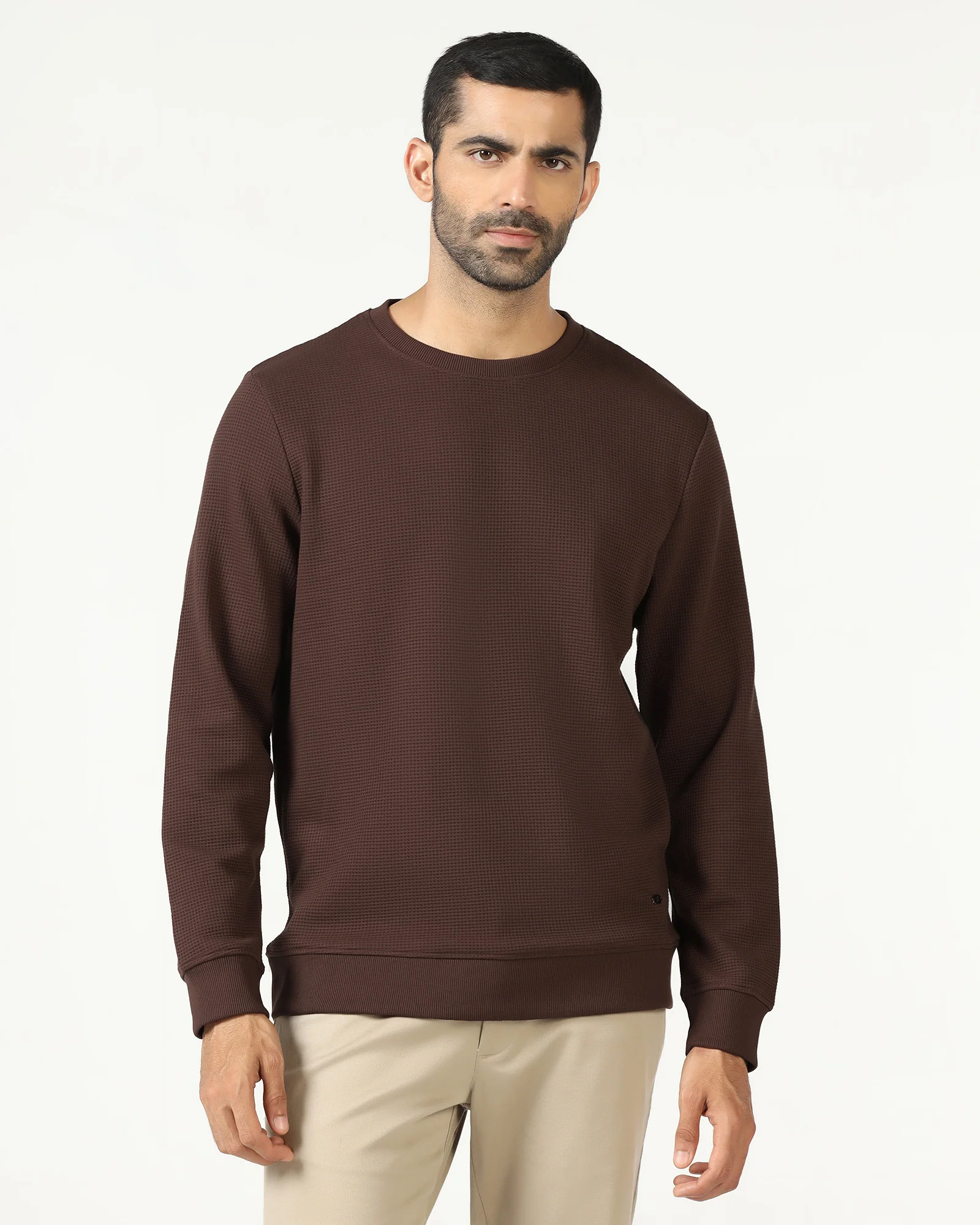 Dark Brown Crew Neck Textured Sweatshirt - Pan - Image 6
