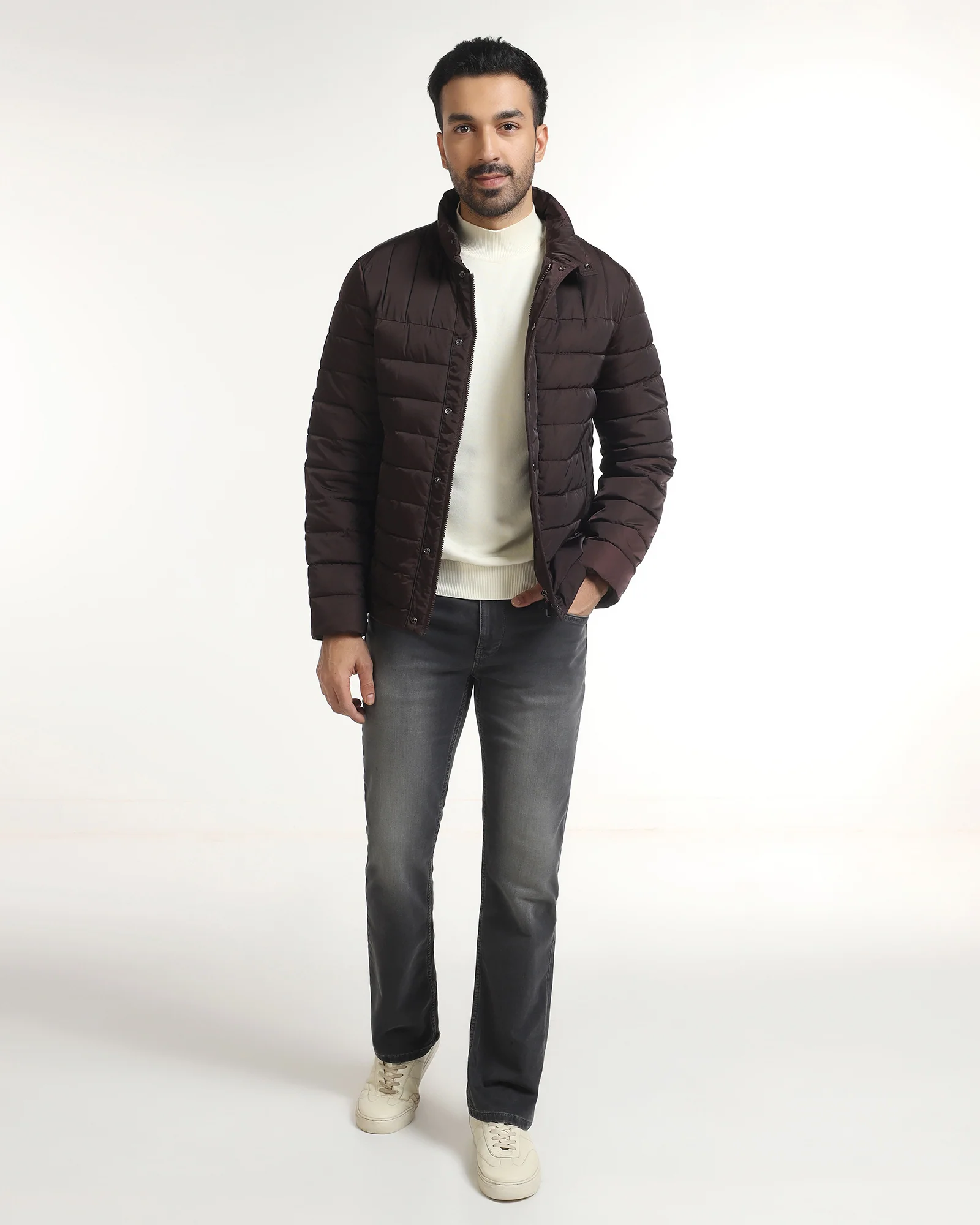 Dark Brown Solid Zipper Jacket - Aproni - Image 5