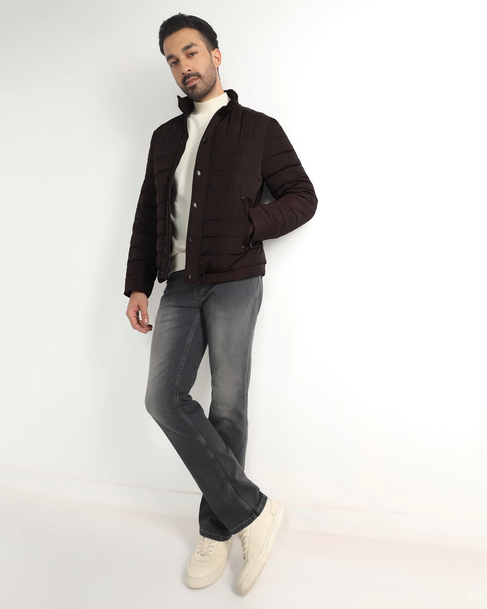Dark Brown Solid Zipper Jacket - Aproni - Image 6