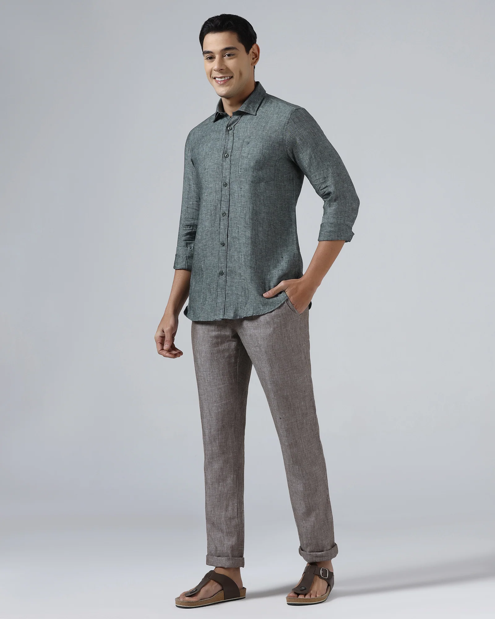 Dark Green Linen Solid Shirt - Stelo - Image 3