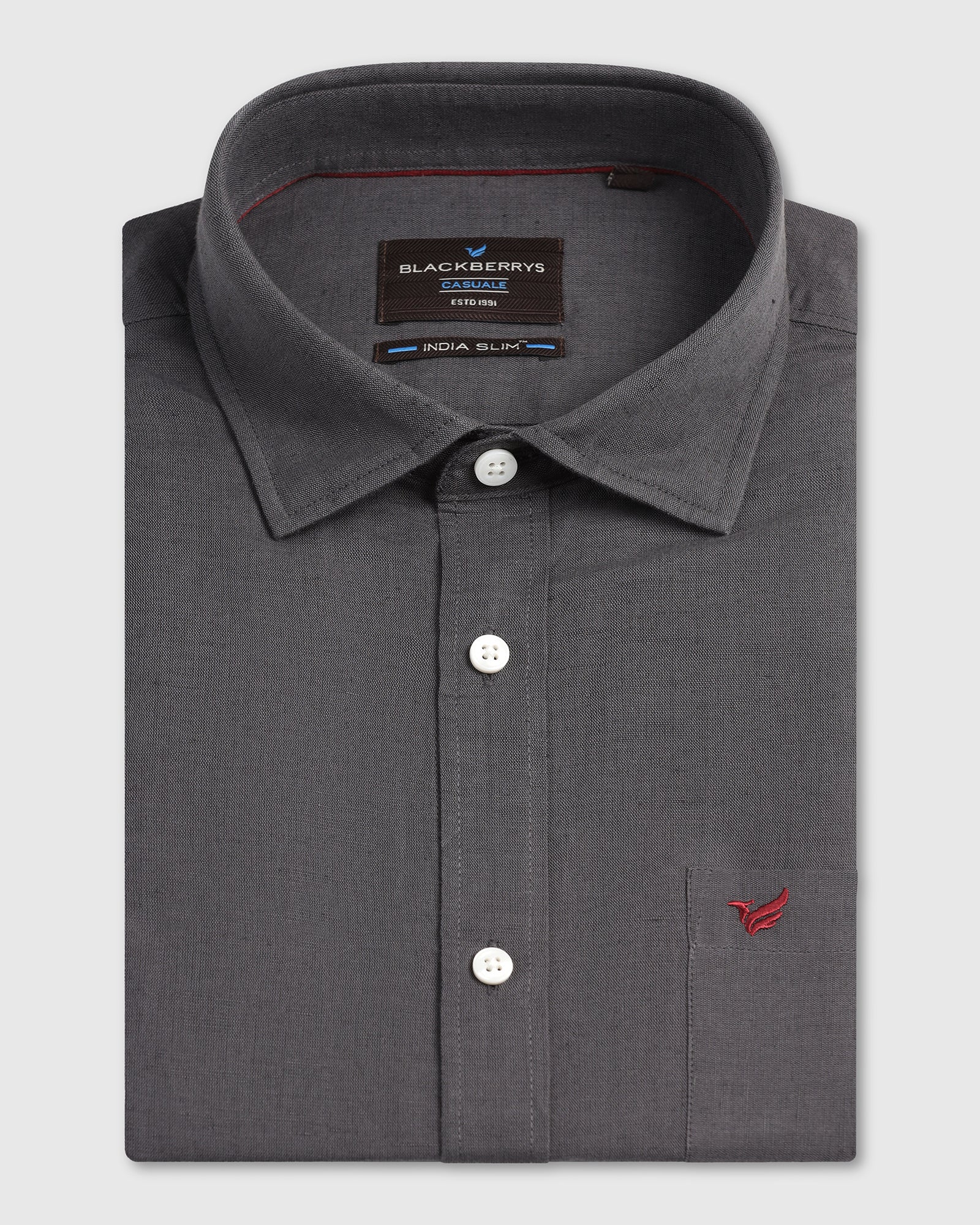 Dark Grey Half Sleeve Linen Solid Shirt - Salmon - Image 5