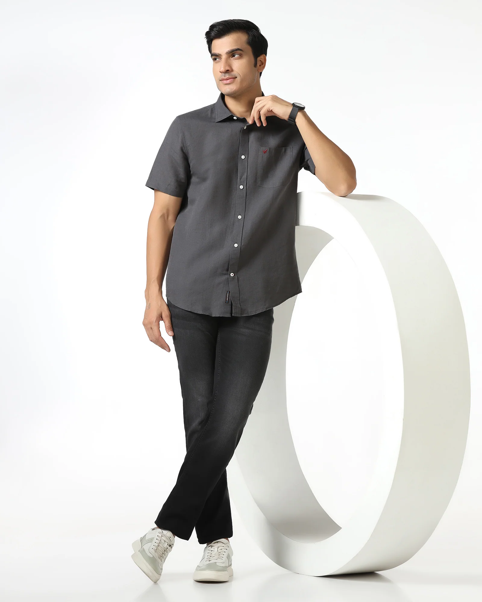Dark Grey Half Sleeve Linen Solid Shirt - Salmon - Image 7