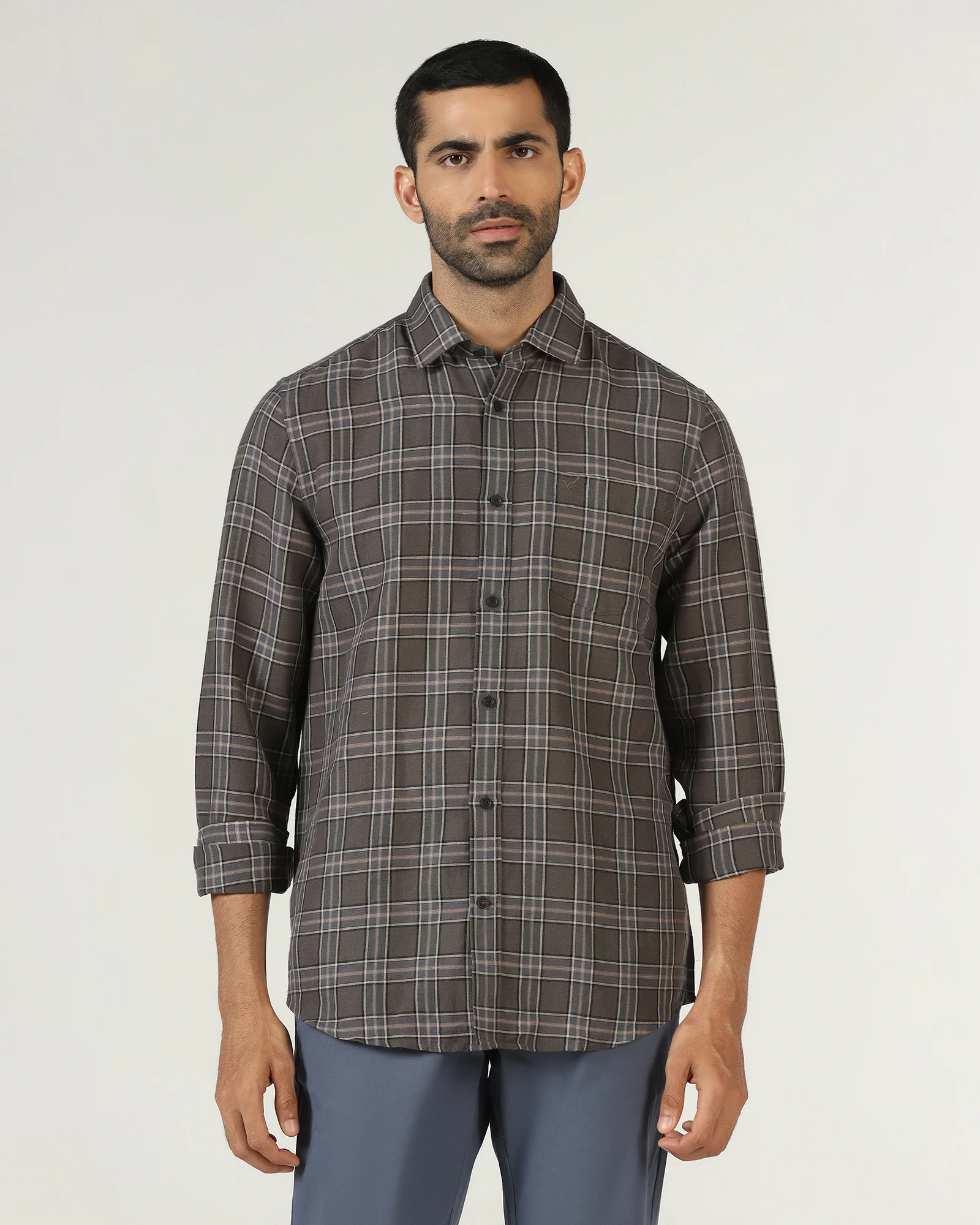 Dark Grey Linen Check Shirt - Madrik - Image 8