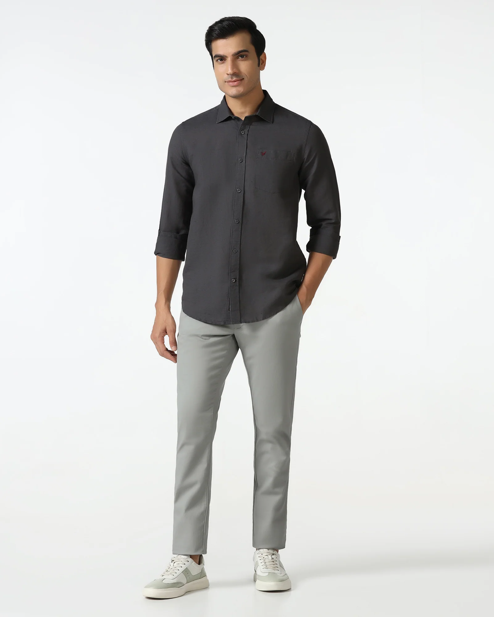 Dark Grey Linen Solid Shirt - Salmon - Image 3
