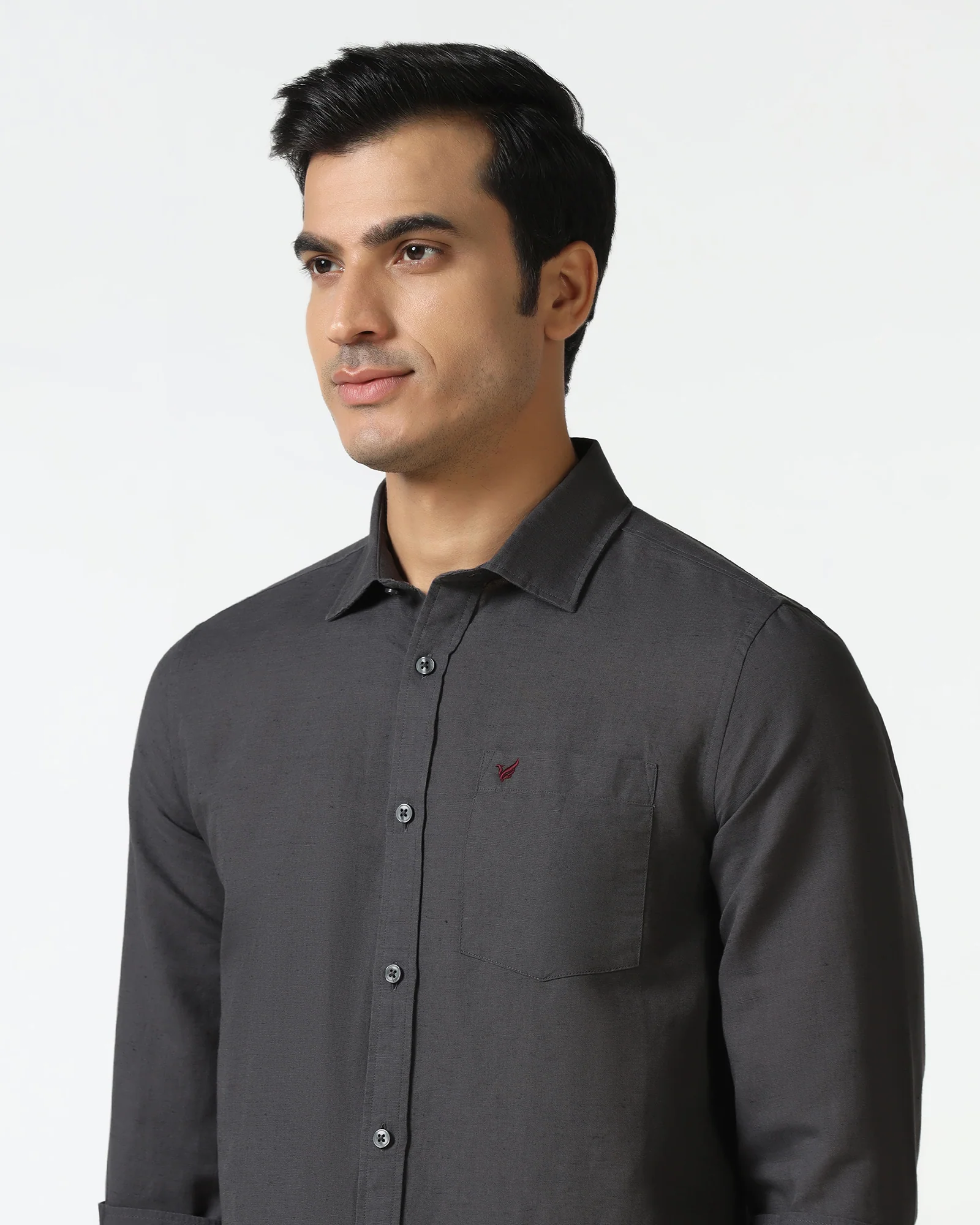 Dark Grey Linen Solid Shirt - Salmon - Image 4