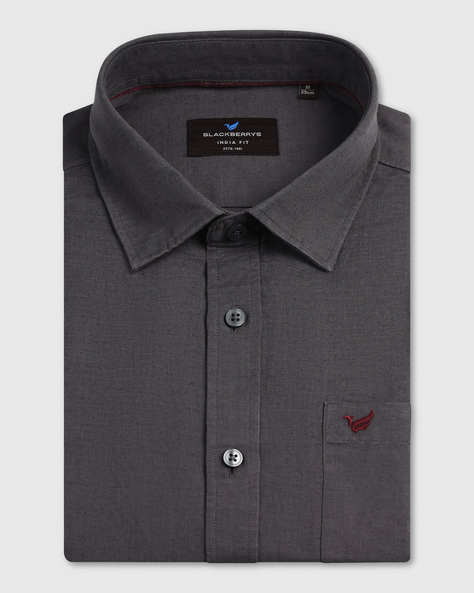 Dark Grey Linen Solid Shirt - Salmon - Image 5