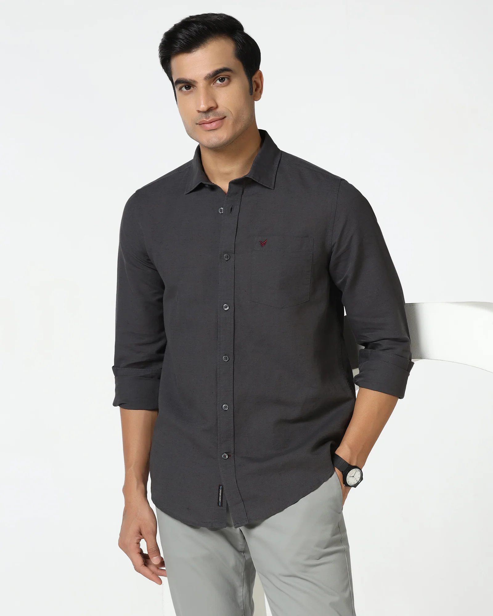 Dark Grey Linen Solid Shirt - Salmon - Image 7