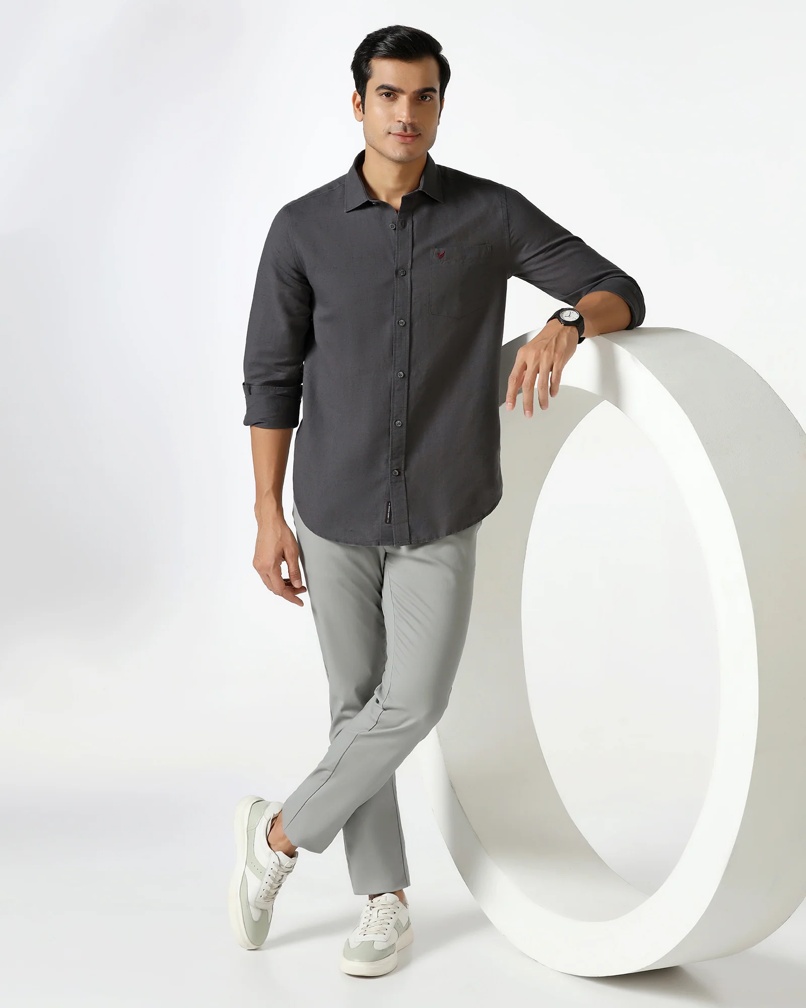 Dark Grey Linen Solid Shirt - Salmon - Image 8