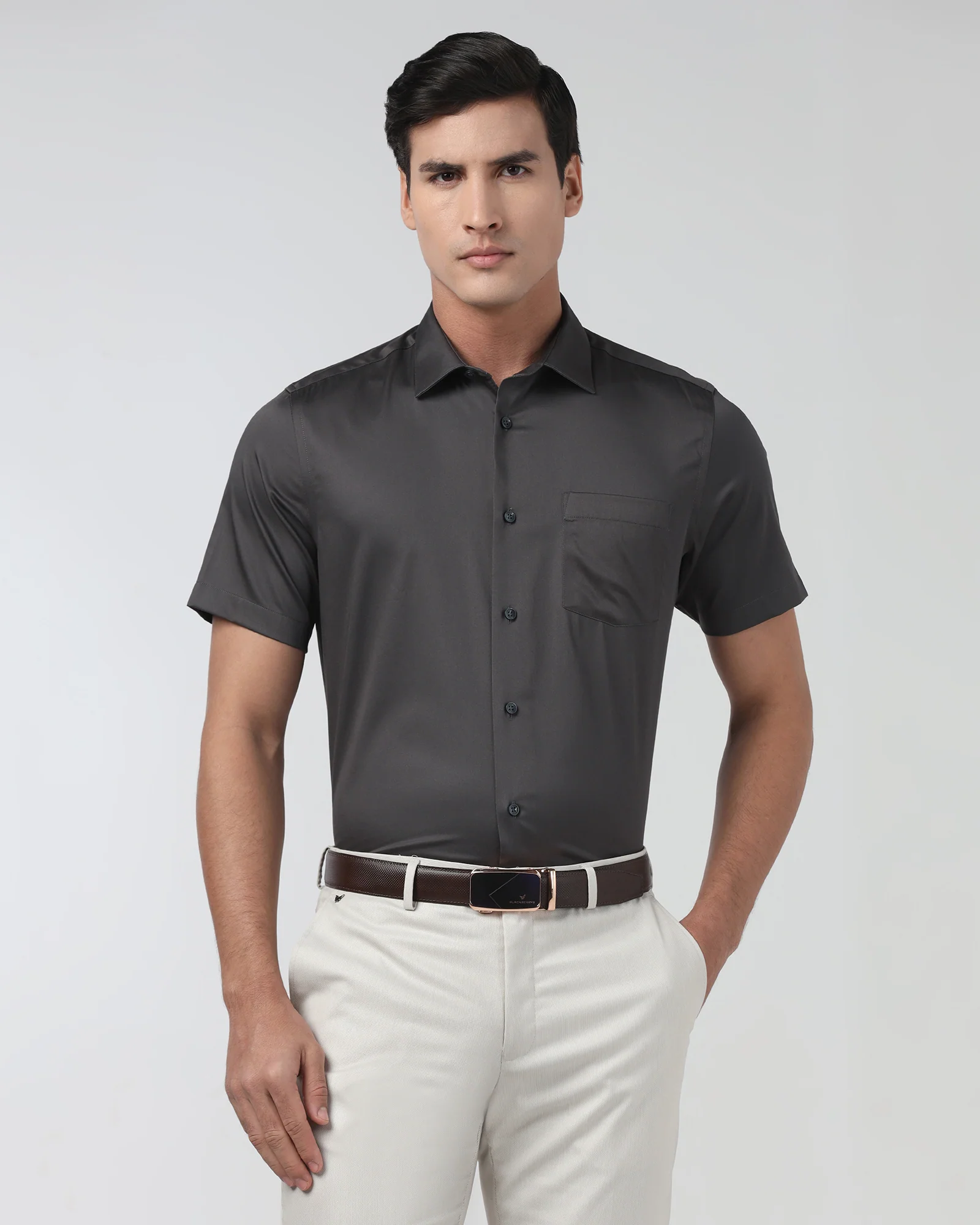 Dark Grey Half Sleeve Unwrinkle Solid Shirt - Sylvia