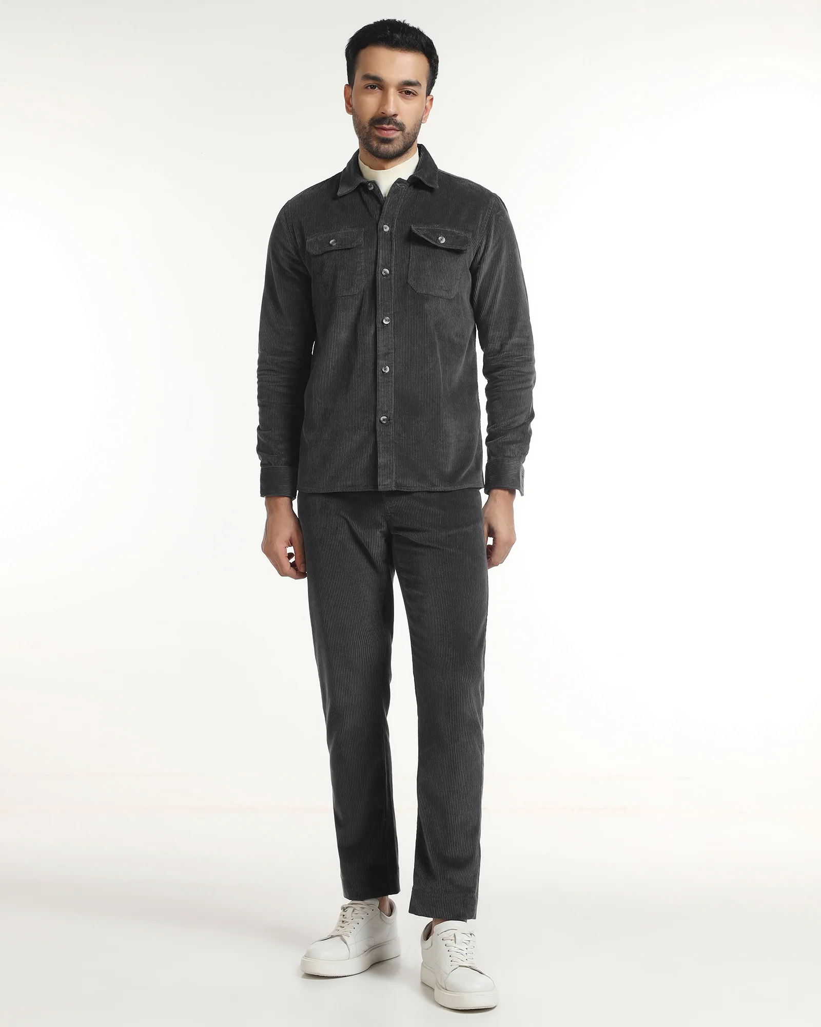 Dark Grey Corduroy Solid Shirt - Kaka - Image 3