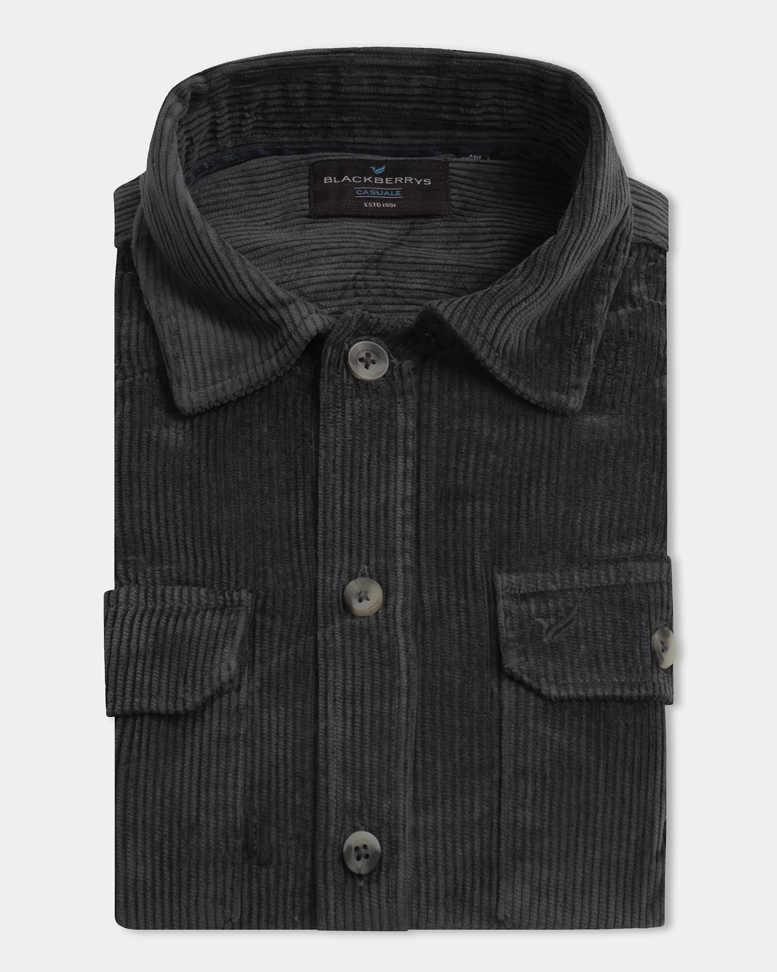 Dark Grey Corduroy Solid Shirt - Kaka - Image 5
