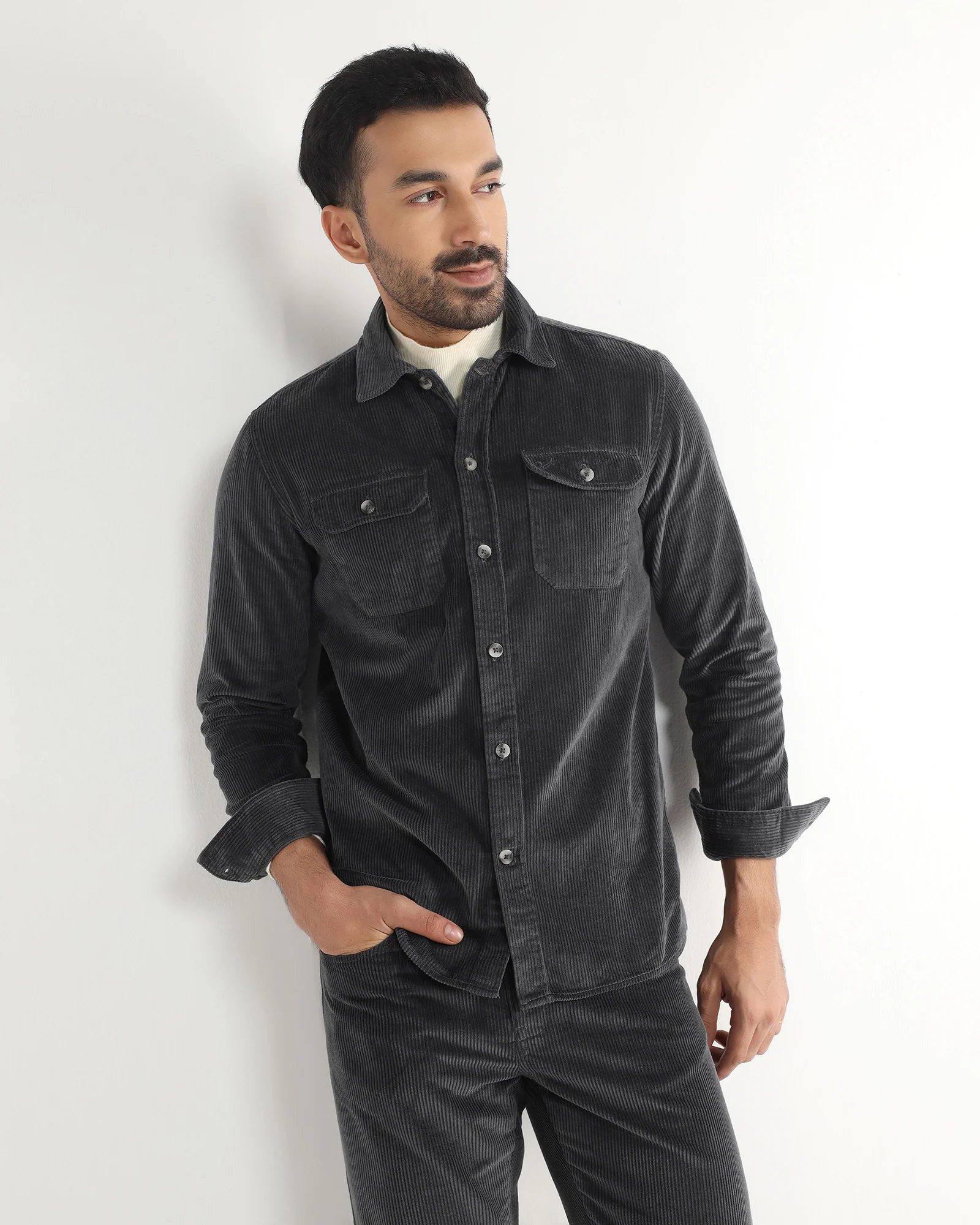 Dark Grey Corduroy Solid Shirt - Kaka - Image 8