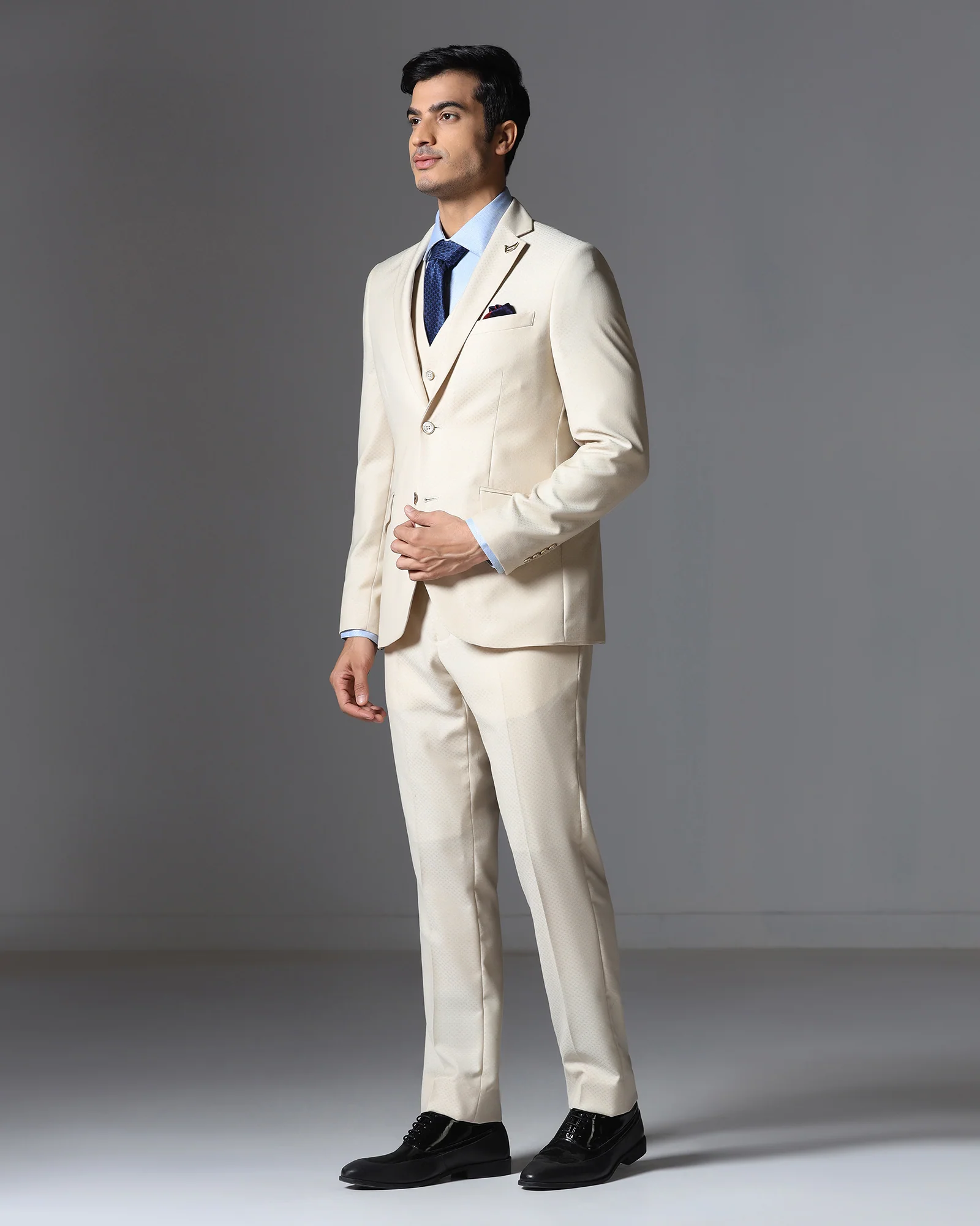 Ecru Three Piece Jacqaurd Suit - Moraco - Image 3