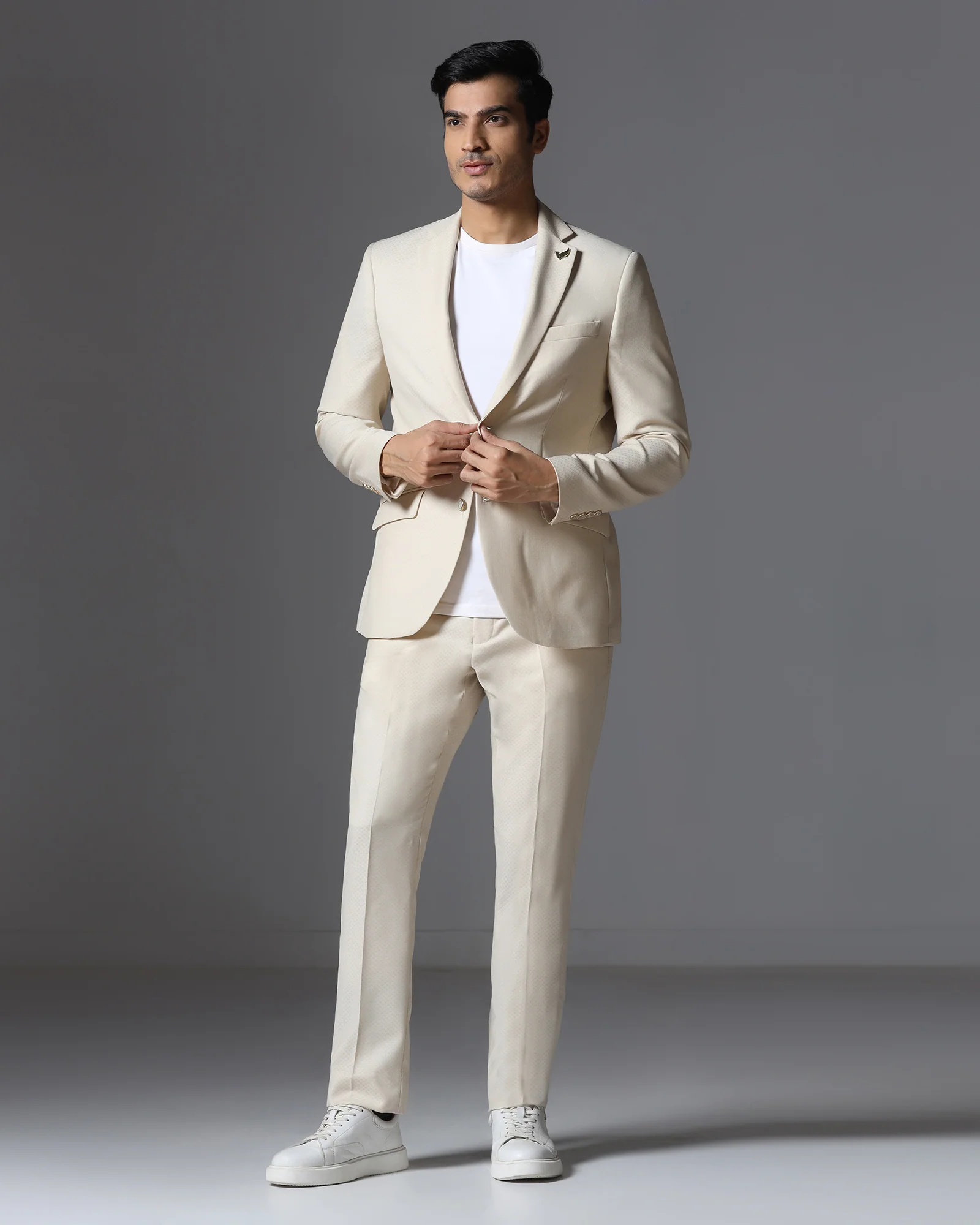 Ecru Three Piece Jacqaurd Suit - Moraco - Image 5