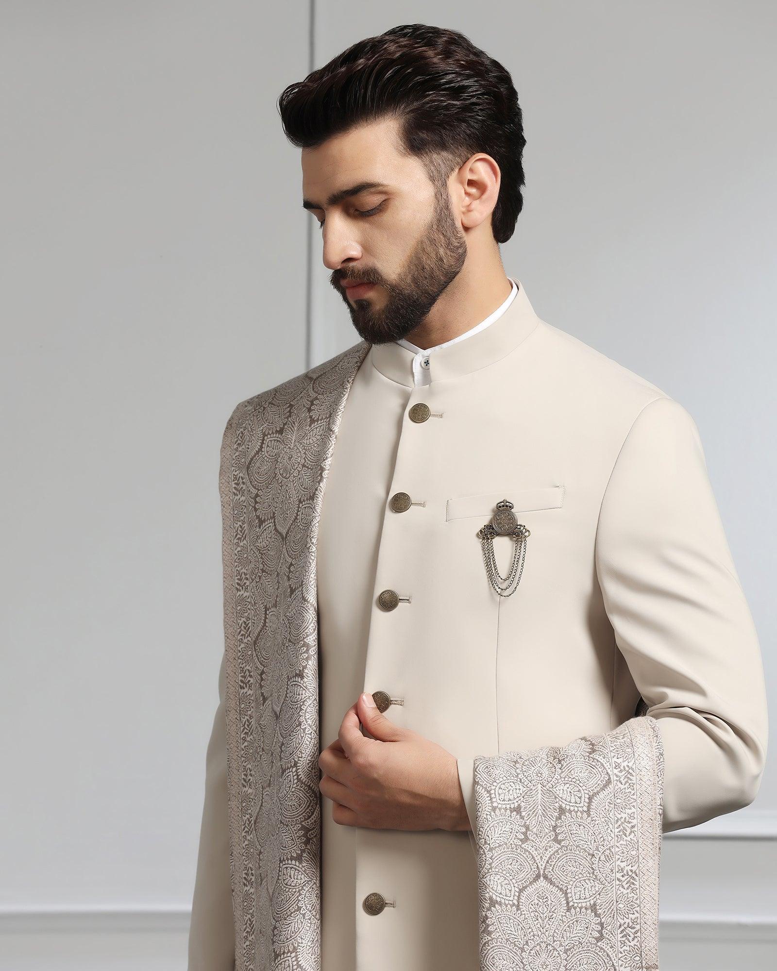 Beige Swarn Solid Achkan Set - Dagaris - Image 3