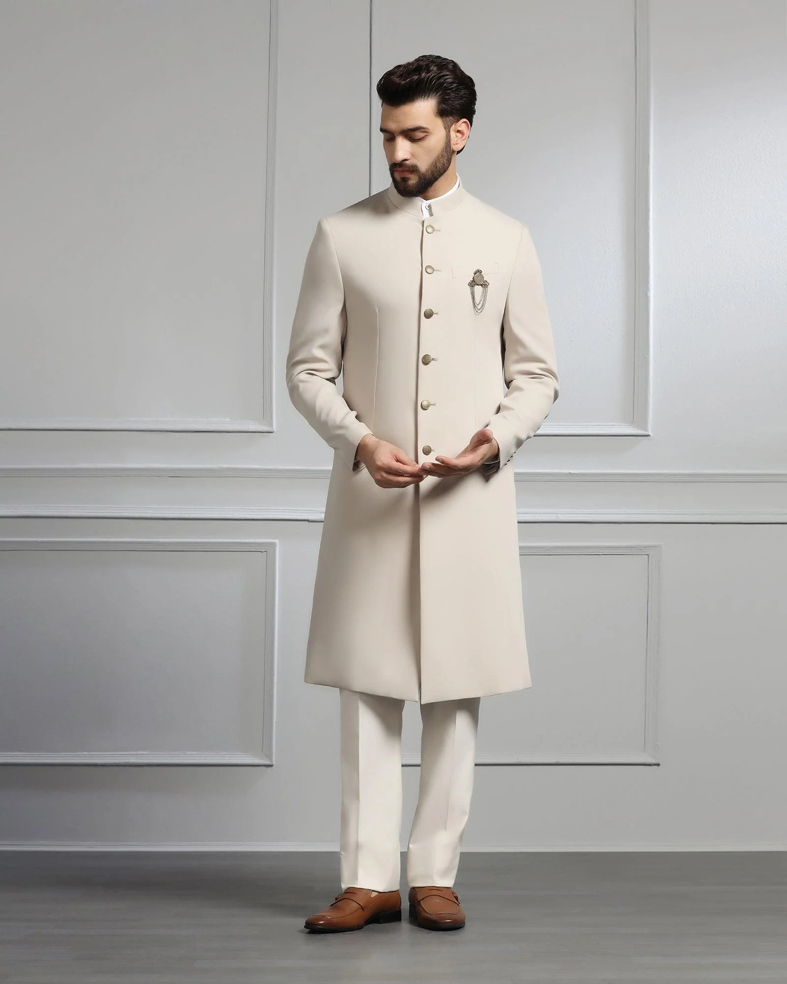 Beige Swarn Solid Achkan Set - Dagaris - Image 5