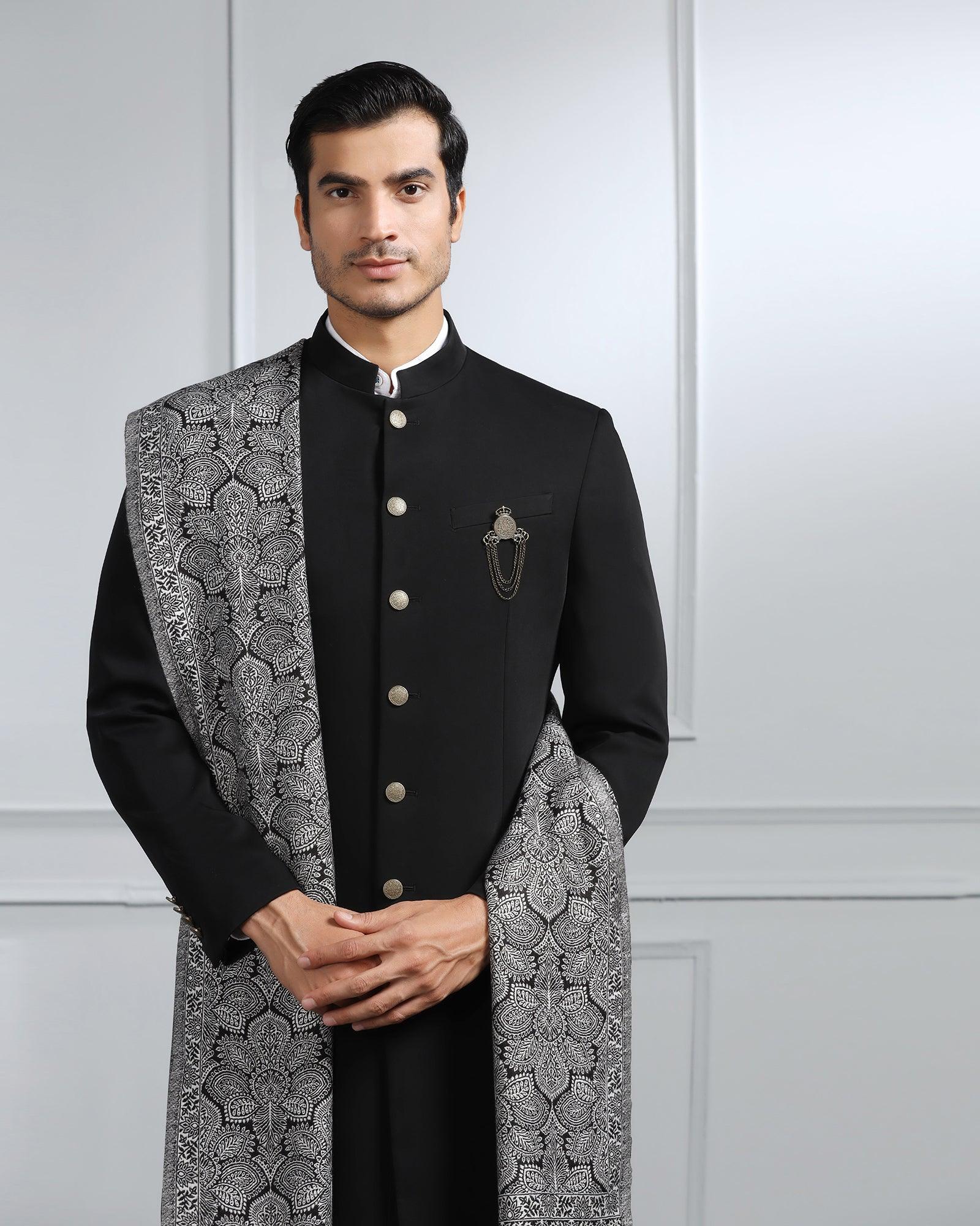 Black Swarn Solid Achkan Set - Dagaris - Image 4