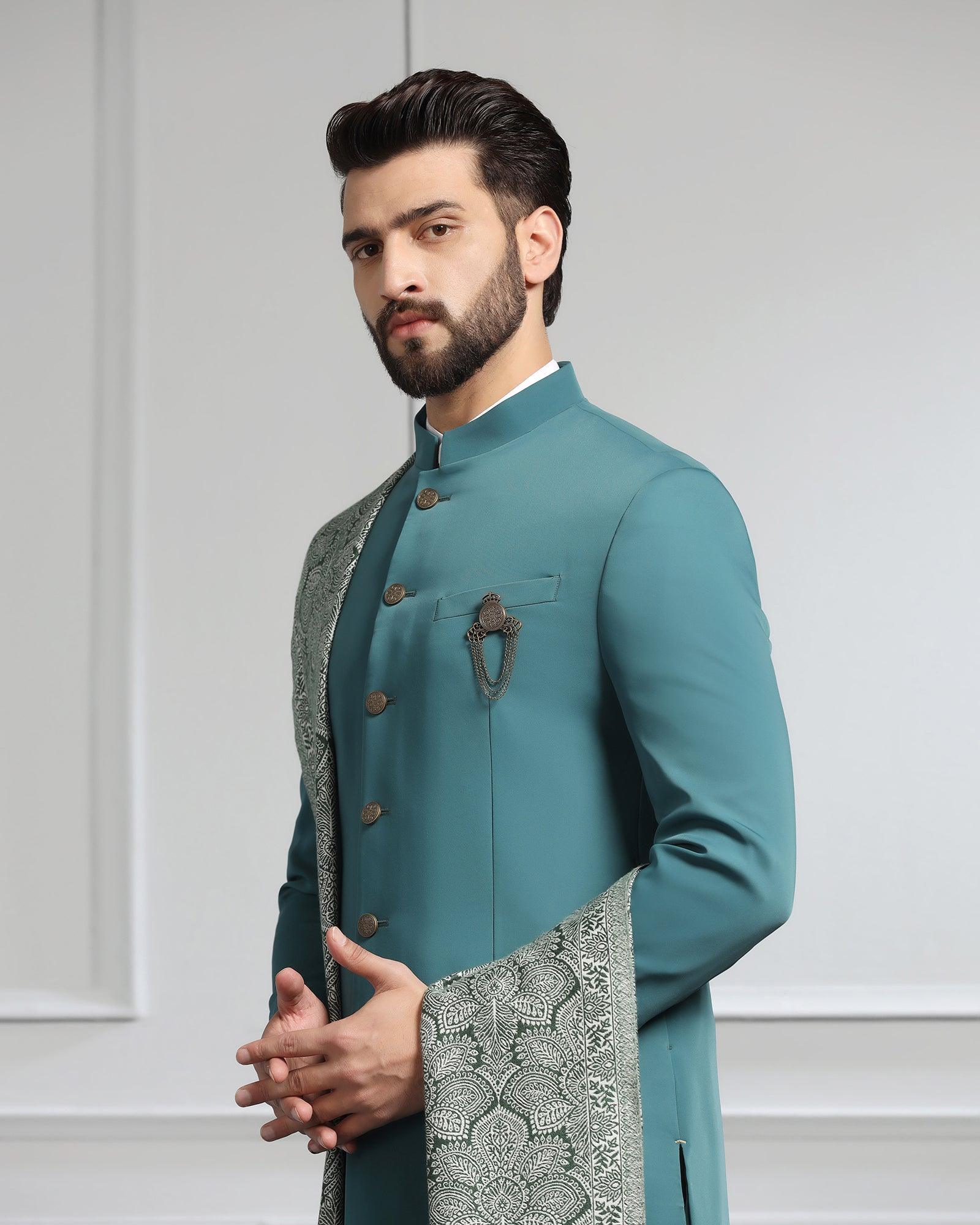 Dark Green Swarn Solid Achkan Set - Dagaris - Image 3
