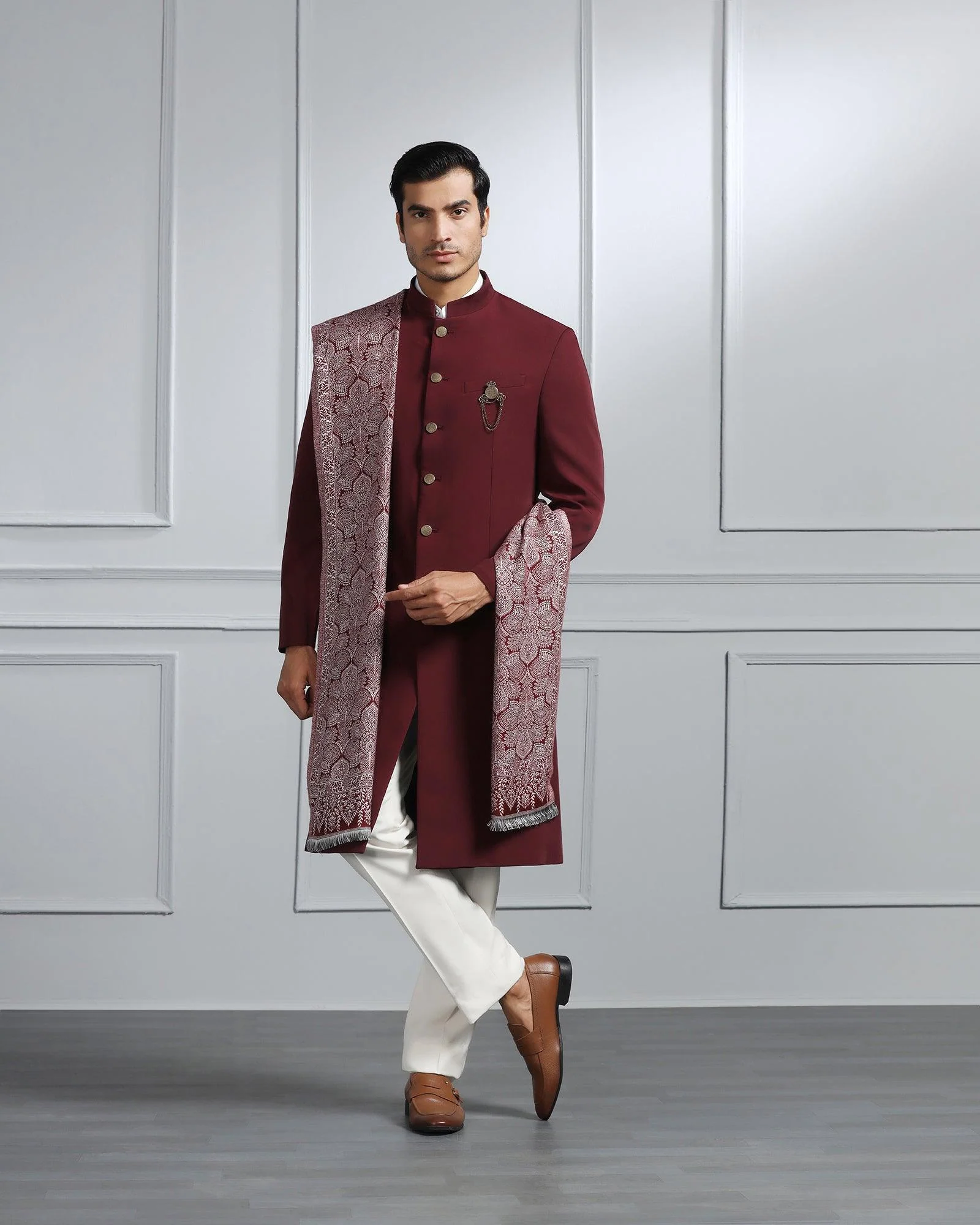 Maroon Swarn Solid Achkan Set - Dagaris - Image 3