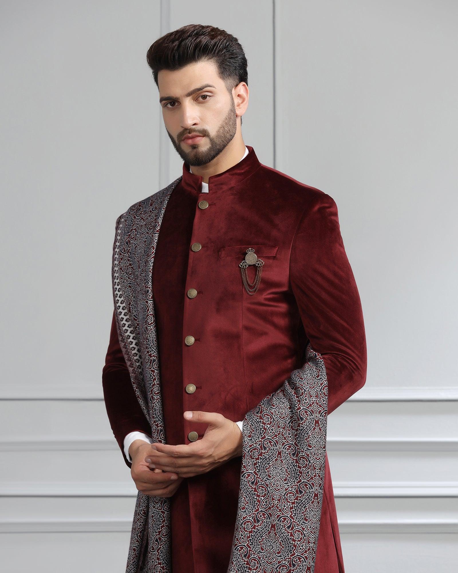 Maroon Swarn Solid Achkan Set - Veltos - Image 4