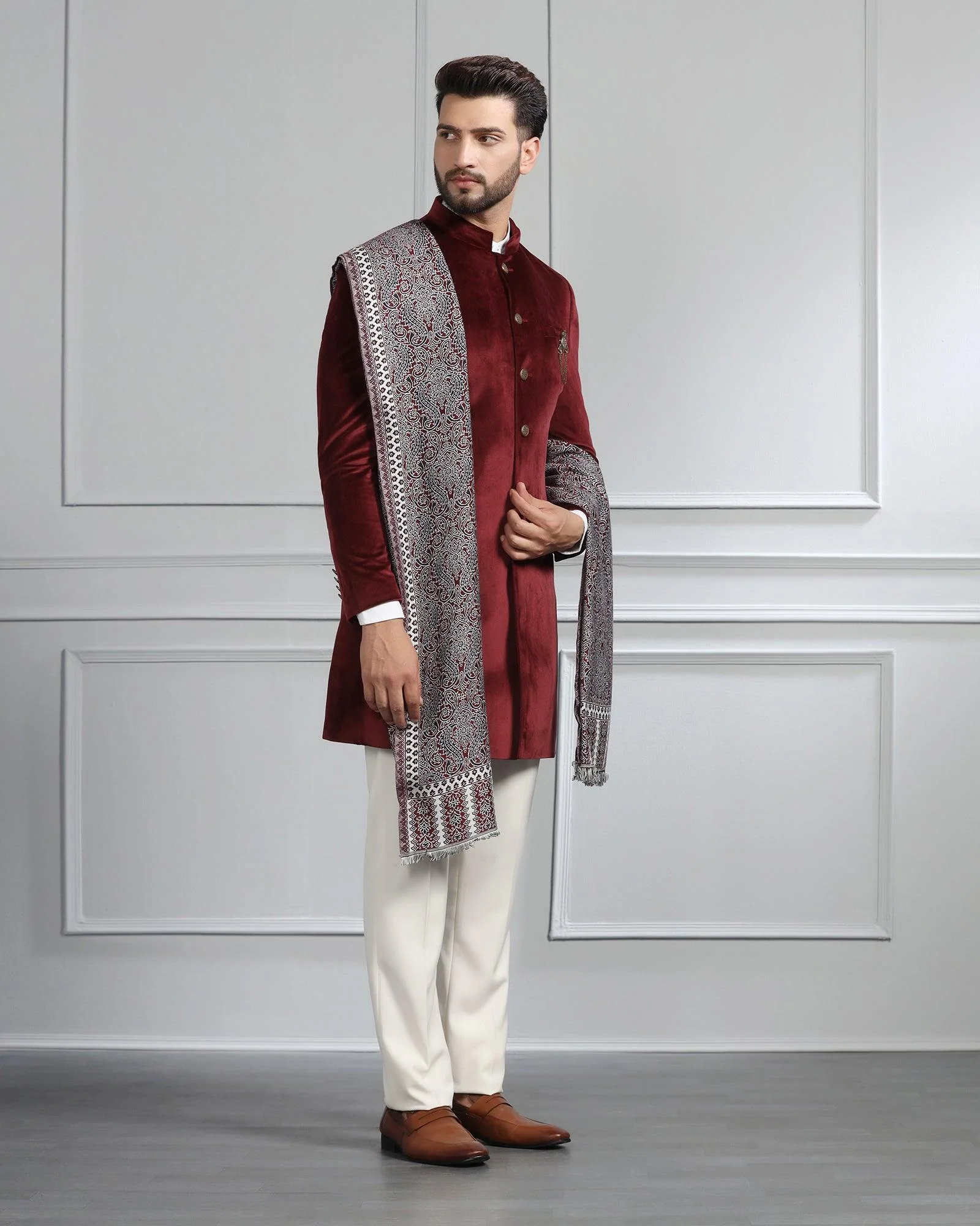 Maroon Swarn Solid Achkan Set - Veltos - Image 7