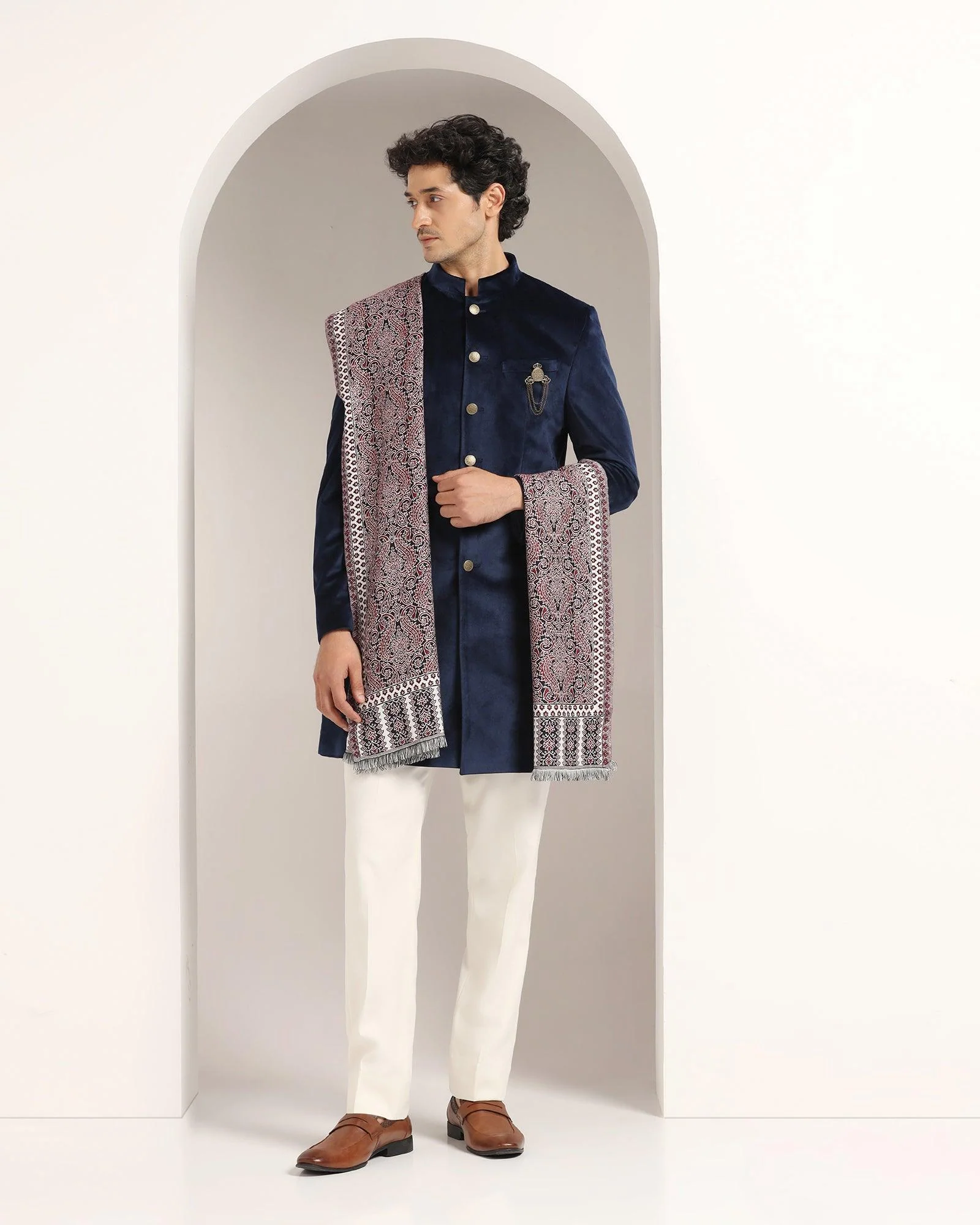 Navy Swarn Solid Achkan Set - Veltos